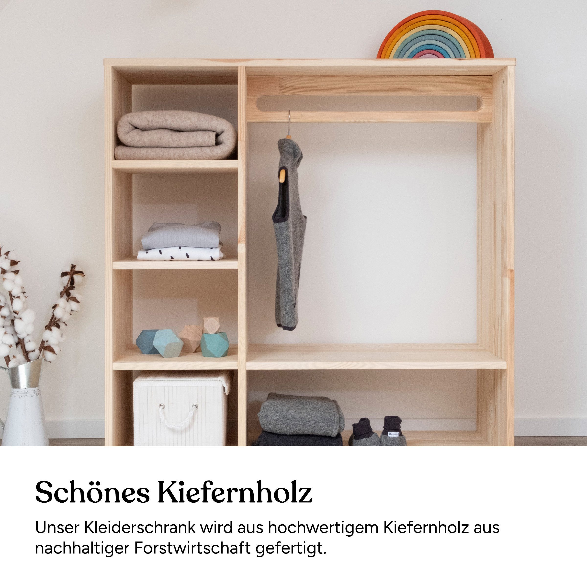 Ehrenkind Kinderkleiderschrank Montessori, Kiefer Natur, hochwertiges & robustes Holz (Kinderregal, Garderobenschrank) Kleiderschrank Kinderzimmer, Kindergarder – Bild 4 von 5