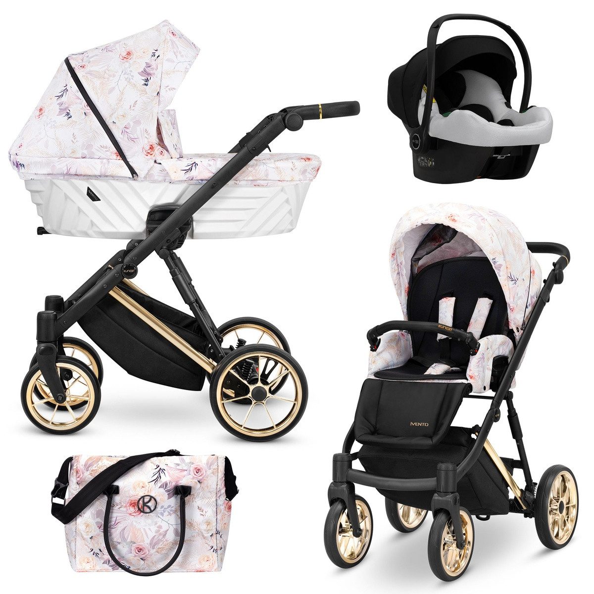 KUNERT Kombi-Kinderwagen Ivento Premium 3in1 Kinderwagen mit Goldrahmen und Zubehör, 2in1-Set mit Tragetasche und Sportsitz