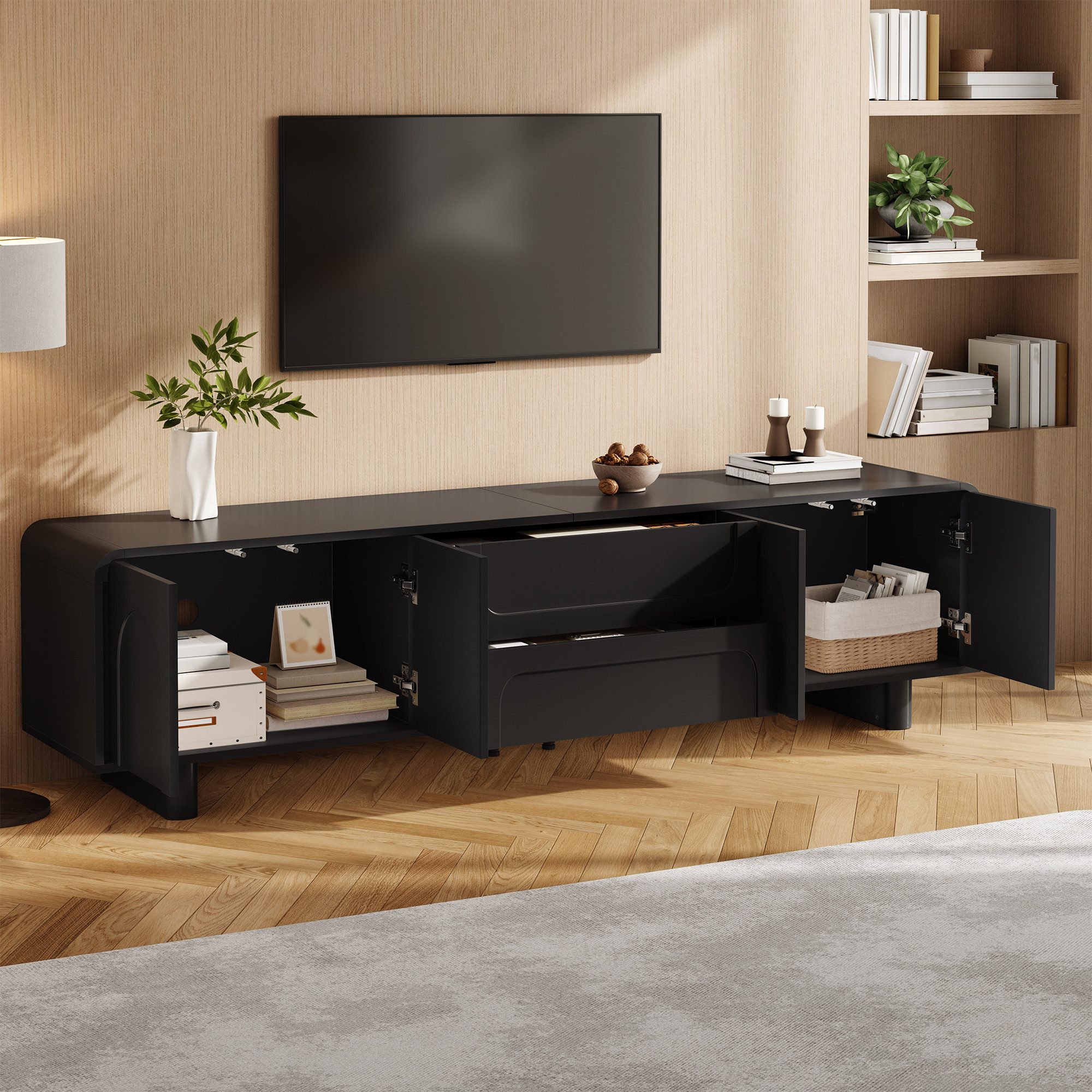 Merax Lowboard mit abgerundeten Kanten und Kabelöffnung (1 St., 180 x 40 x 46 cm (L x B x H), TV-Schrank mit 4 Türen, 2 Schubladen & gedämpften Scharnieren – Bild 4 von 5