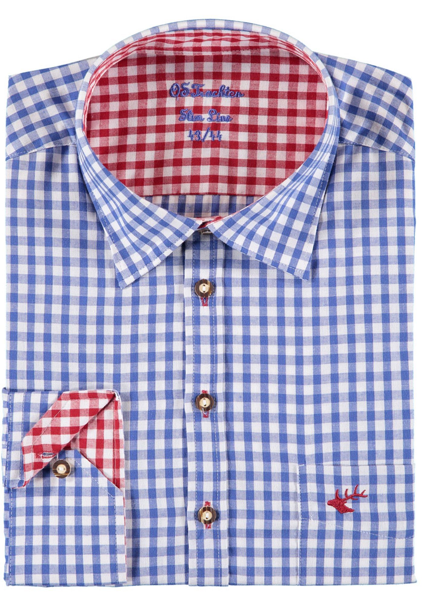OS-Trachten Trachtenhemd Smegy mit Hirsch-Stickerei, extra lang in Ärmeln und Rumpf mittelblau