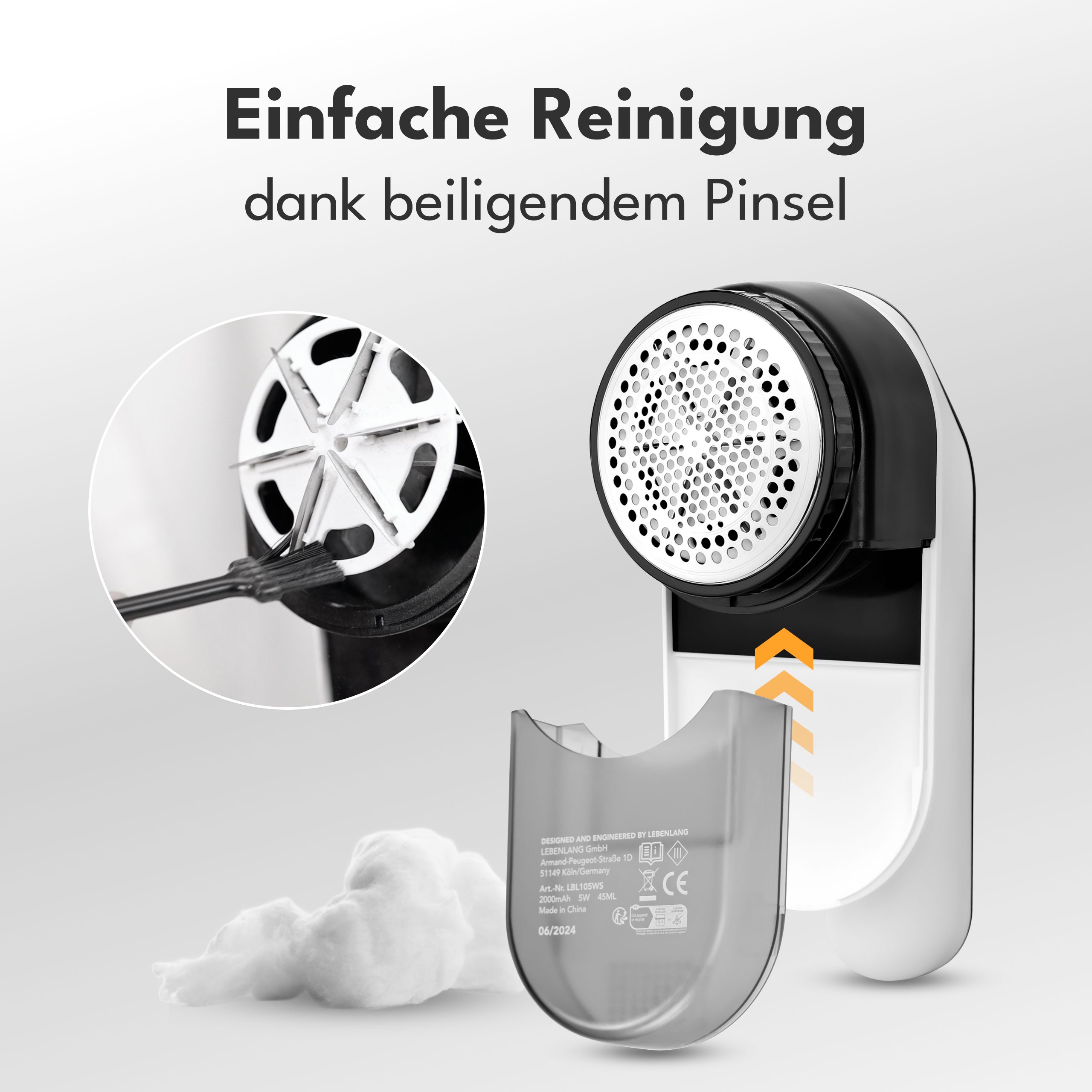 Lebenlang Fusselrasierer Elektrisch - 2000mAh & 2h Laufzeit mit LED-Anzeige & Reinigungspinsel, 3 Ersatzklingen, 6,5cm Schneidekopf, Inkl. Ladekabel & kurze Lad – Bild 5 von 5