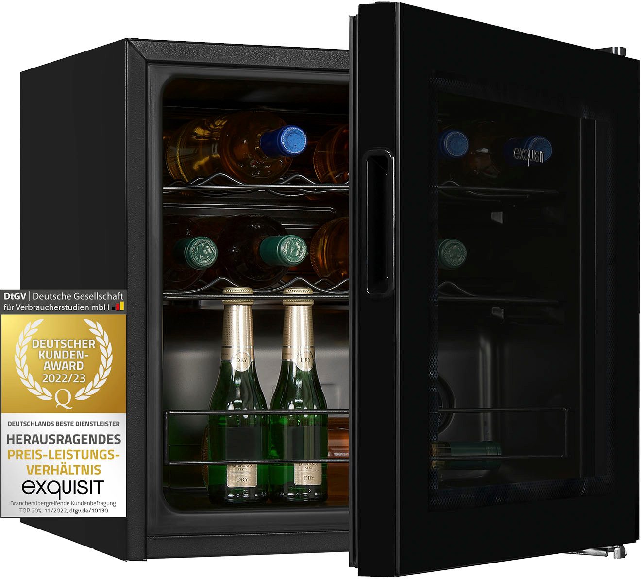 exquisit Weinkühlschrank WS1-12-GT-030G schwarzPV, für 14 Standardflaschen á 0,75l,Für Weinliebhaber - stilvoll & perfekt temperiert für 14 Flaschen