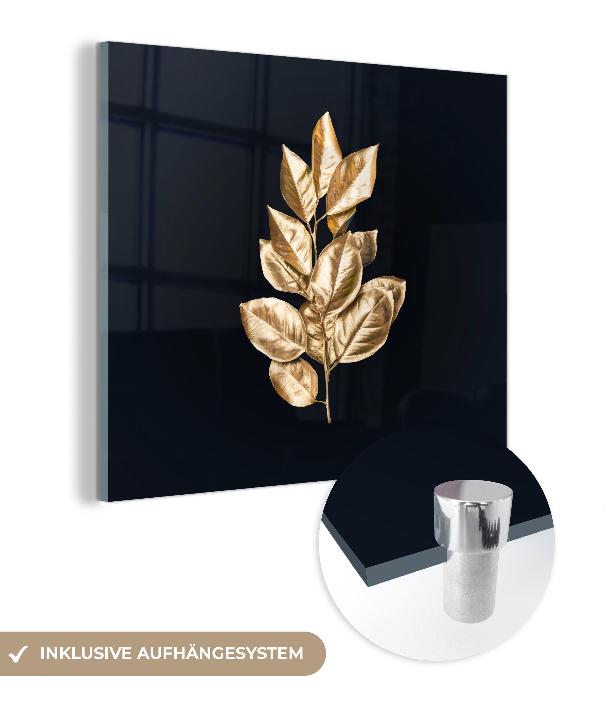 MuchoWow Acrylglasbild Pflanze - Blätter - Gold - Schwarz - Luxus, (1 St), Glasbilder - Bilder auf Glas Wandbild - Foto auf Glas - Wanddekoration bunt