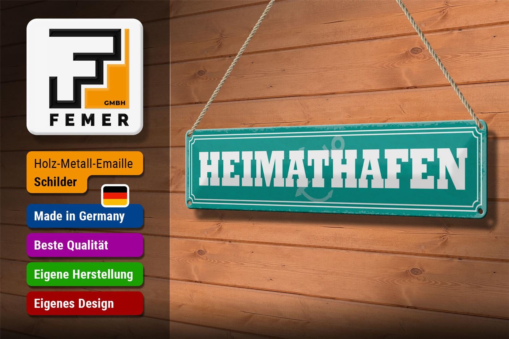 Femer GmbH Metallschild Hinweis 46x10cm Heimathafen Wanddeko, (1 St), gewölbte Oberfläche, abgerundete Ecken, umgeschlagene Kanten