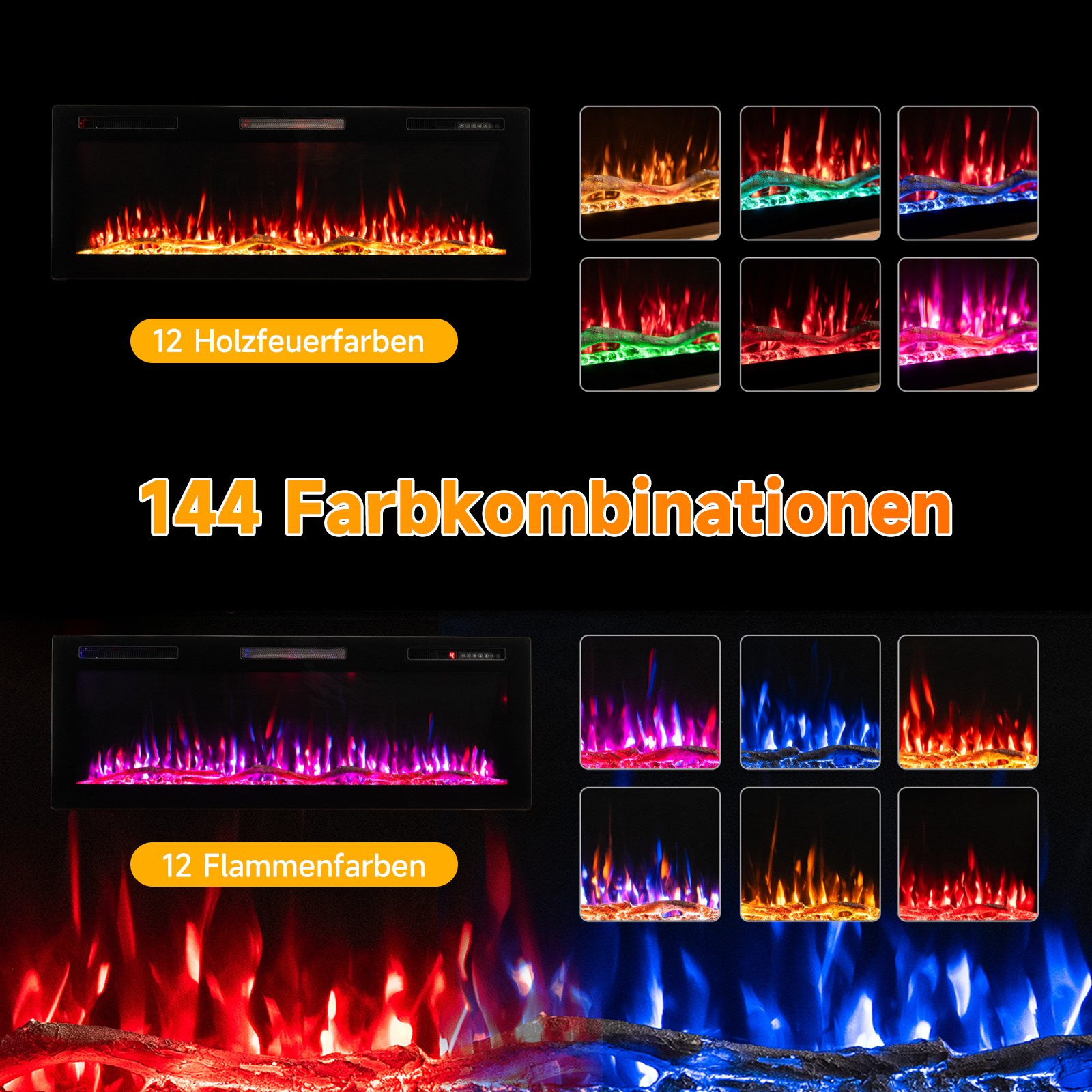 HOMAVO Elektrokamin mit Schrank, 50", 1000/2000W Heizung, 3D-Flammeneffekt, Schrankgröße: 150 x 30 x 60 cm, Fernbedienung & App-Steuerung – Bild 4 von 5