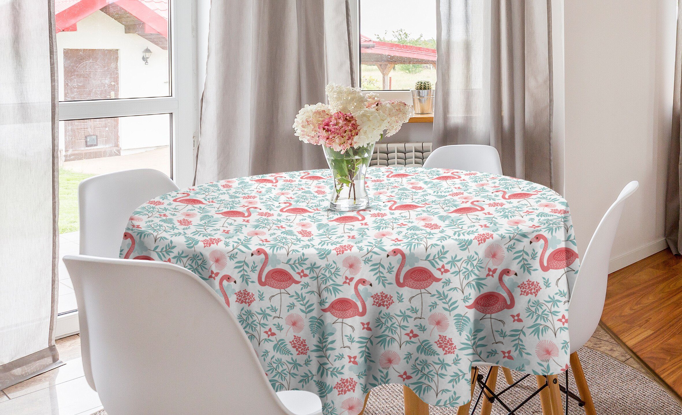 Abakuhaus Tischdecke für Flamingo Abdeckung Kreis Botanischer Flourish Tischdecke Küche Dekoration, Esszimmer