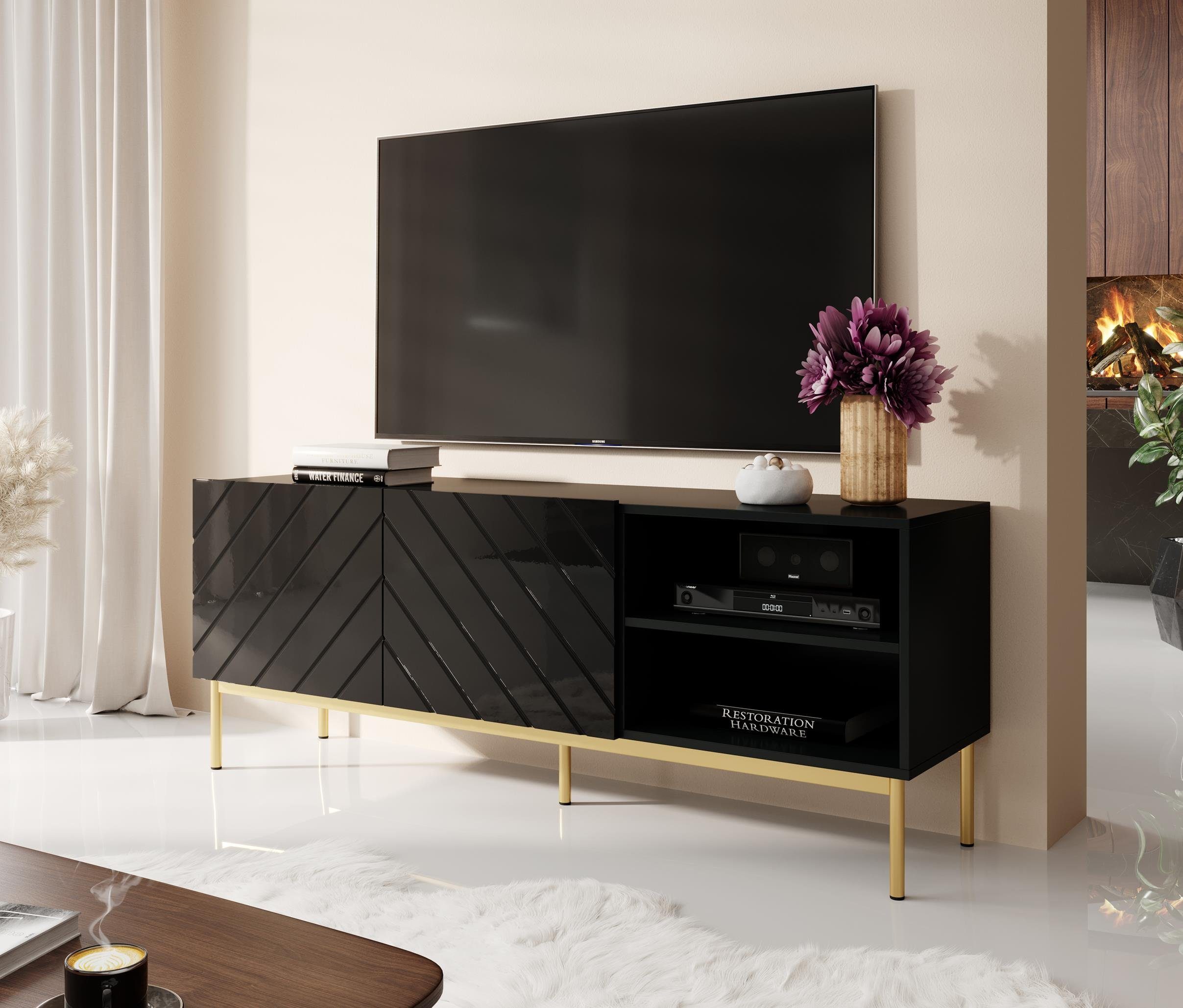 Furnix TV-Schrank ODELIA GESTELL 150/200 Fernsehschrank mit Ziertüren B150 bzw. 200 x H52 x T41,6 cm Schwarz Glanz