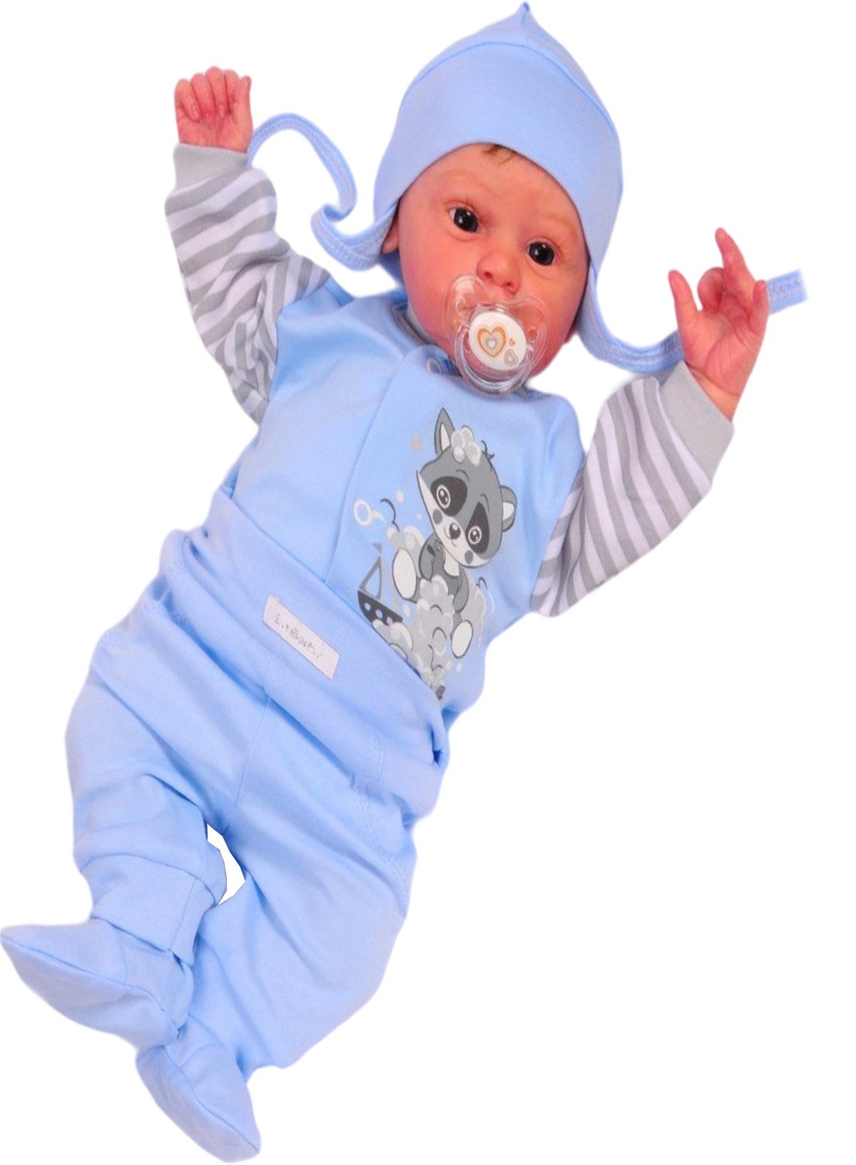 La Bortini Anzug 3-teilig Baby Anzug 3Tlg Hose Hemdchen Mütze in Blau gestreift mit Waschbär aus reiner Buamwolle, 44 50 56 62 68 74 80