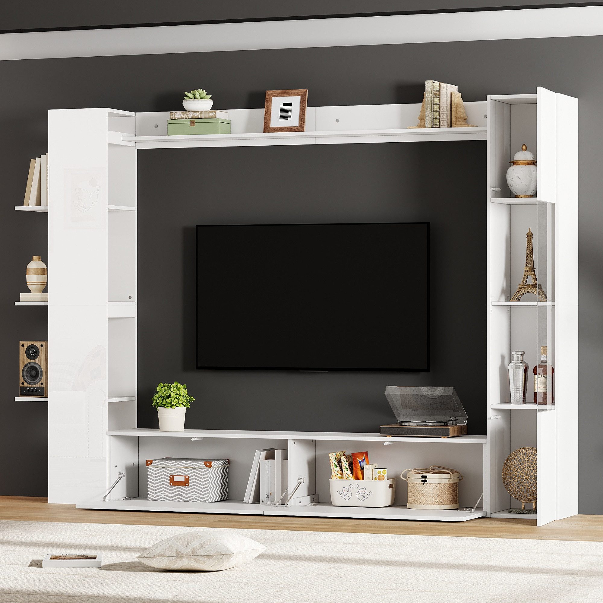 MODFU TV-Schrank 228x170x30 cm 4-teilige Kompaktwohnwand mit Vitrine (mit Stauraum und Acryltür, 4-St., TV-Board & Stauraumschrank, flexible Türanschläge) Stilvolle Wohnzimmer-Lösung mit viel Platz, in Weiß