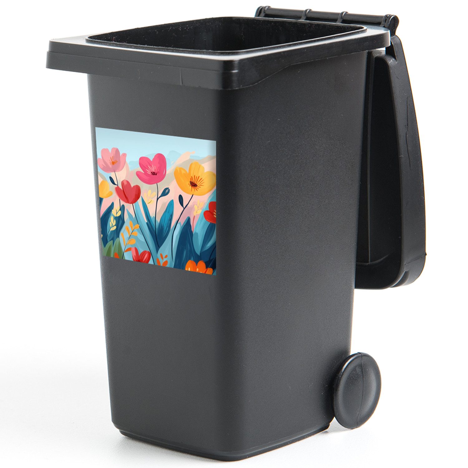 MuchoWow Wandsticker Illustration - Blumen - Farbenfroh (1 St), Mülltonnen-Aufkleber, Mülleimer, Mülltonne, Sticker, 40x40 cm