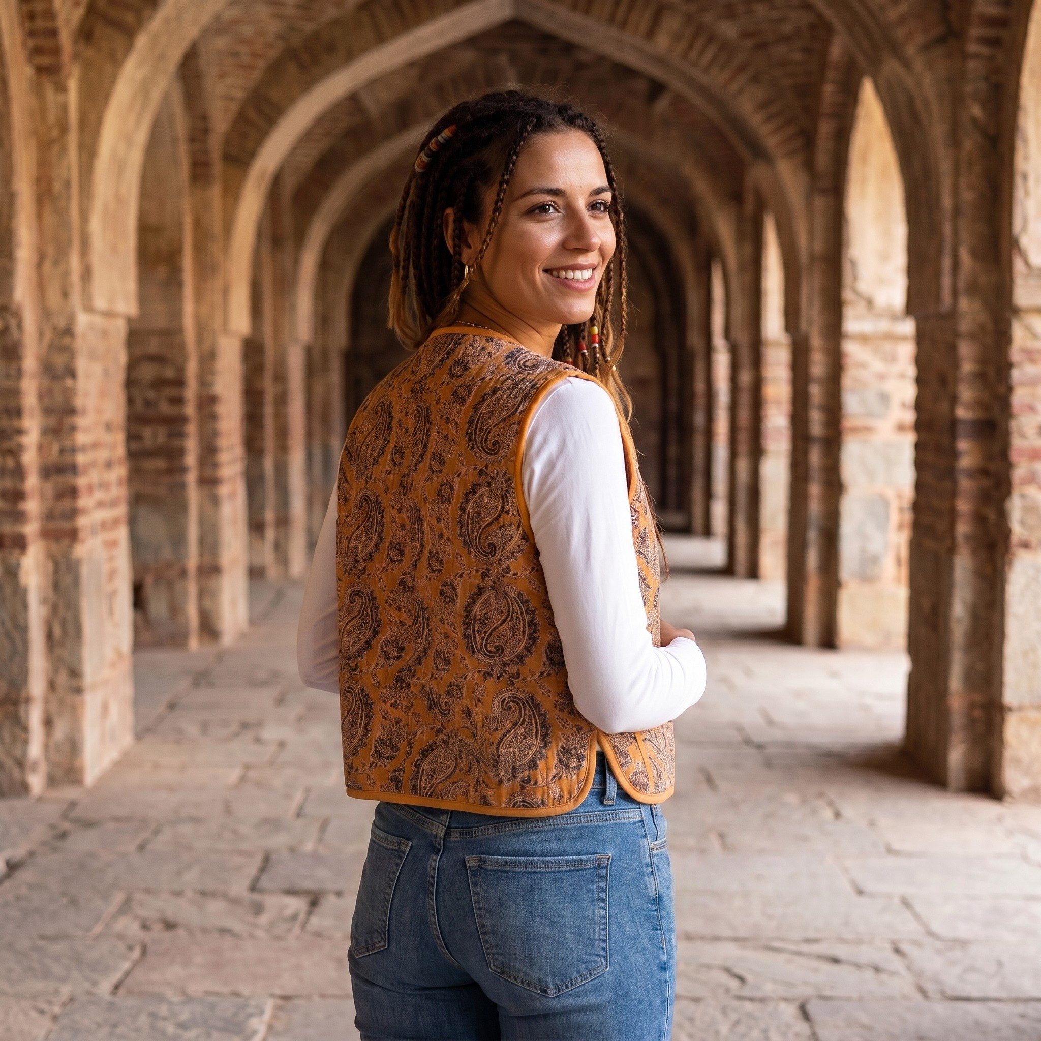 Guru-Shop Langjacke Steppweste, Blockdruck Boho Weste - kurkuma alternative Bekleidung