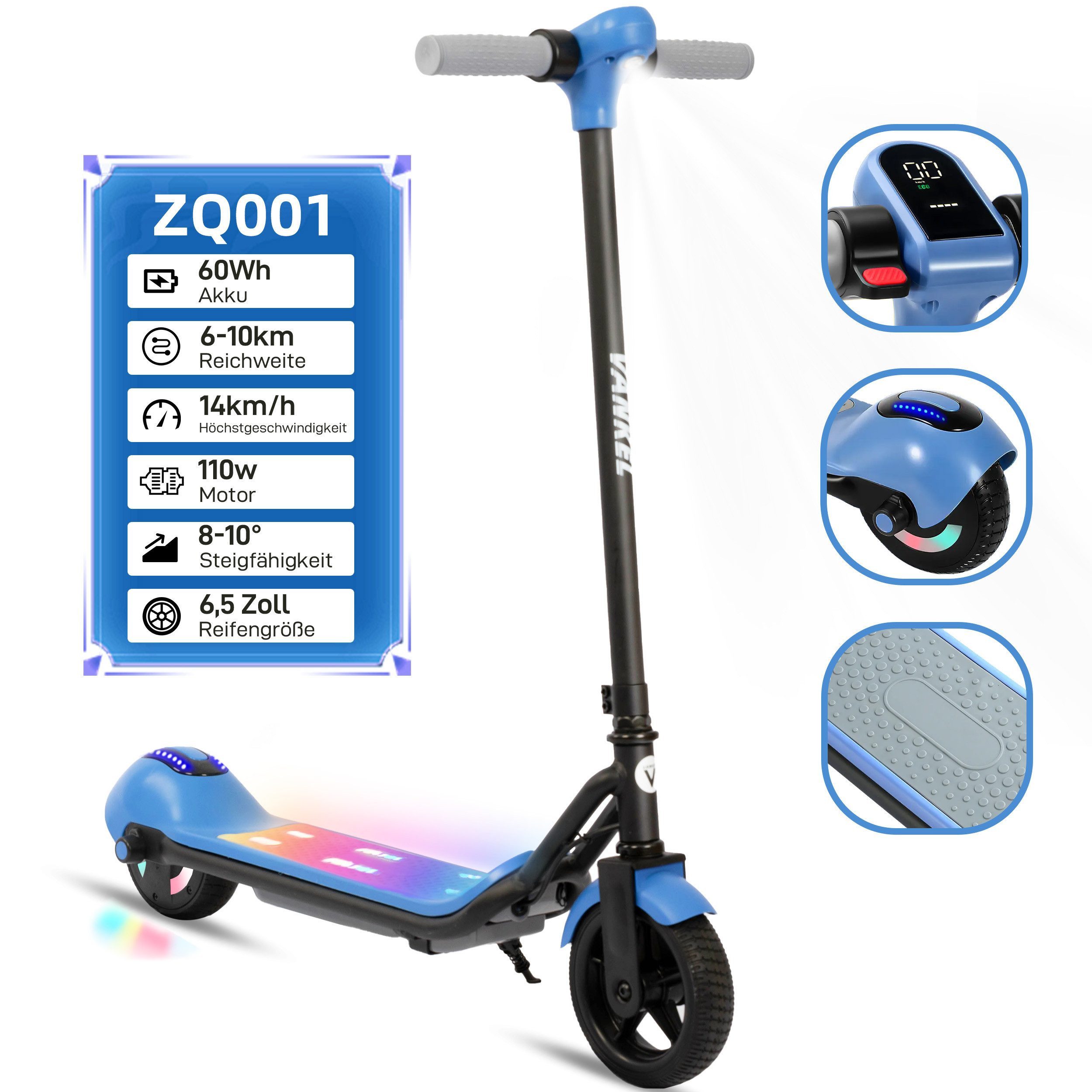 Vankel Elektro-Kinderroller E Scooter Kinder, ab 6 Jahren, 14km/h, Bunte LED-Lichter, Belastbarkeit 50 kg, mit Bluetooth, E-Bremse, 10km Rechweite