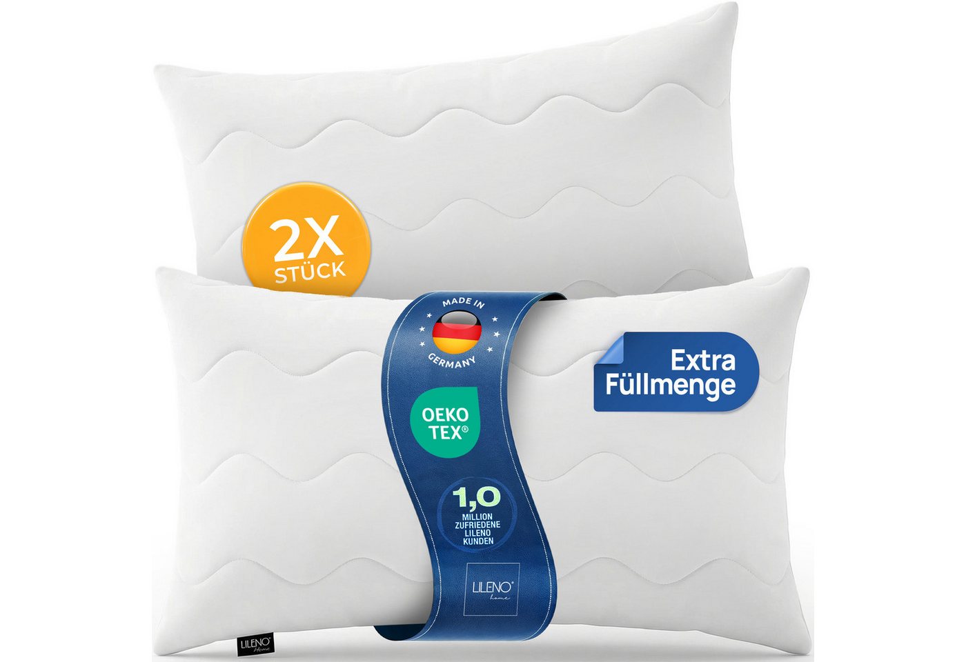 LILENO HOME Kopfkissen LILENO HOME Allergiker Kopfkissen Oeko-Tex & - Made in Germany, Füllung: 100% Polyester, Seitenschläfer, Bauchschläfer, Rückenschläfer, Spar-Set, 2er Set, Kopfkissen 40x80 cm HART mit 650g Füllung, allergikergeeignet