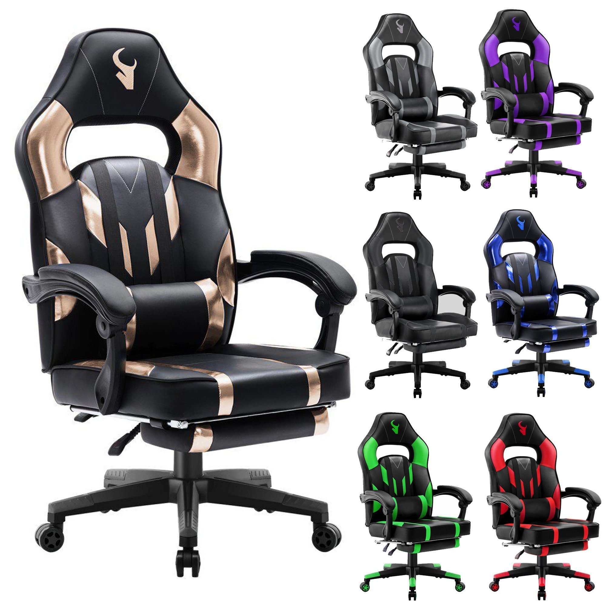 mit Chefsessel Gold Fußstütze, Sportsitz Racing Schreibtischstuhl Fußstütze Schalensitz (Stück), Blau, Lila, Chair Bürostuhl Grün, & und Lendenkissen Melko PC Chair Metallic Rot, Fußablage in Gaming Lendenkissen Grau Drehstuhl Gamingstuhl Schwarz, 130kg