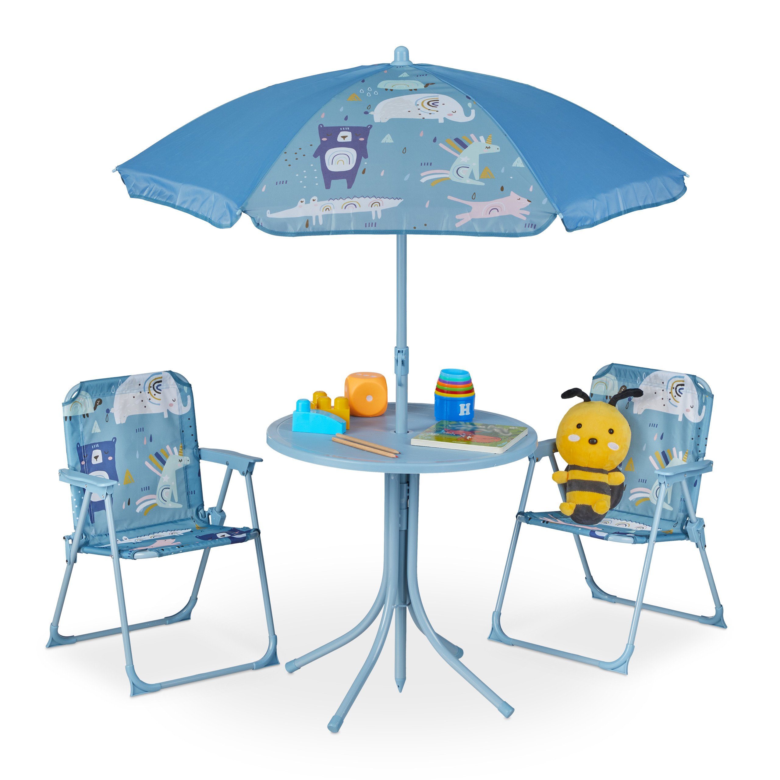 Blau relaxdays Camping Tiere Kindersitzgruppe Campingstuhl Schirm, mit
