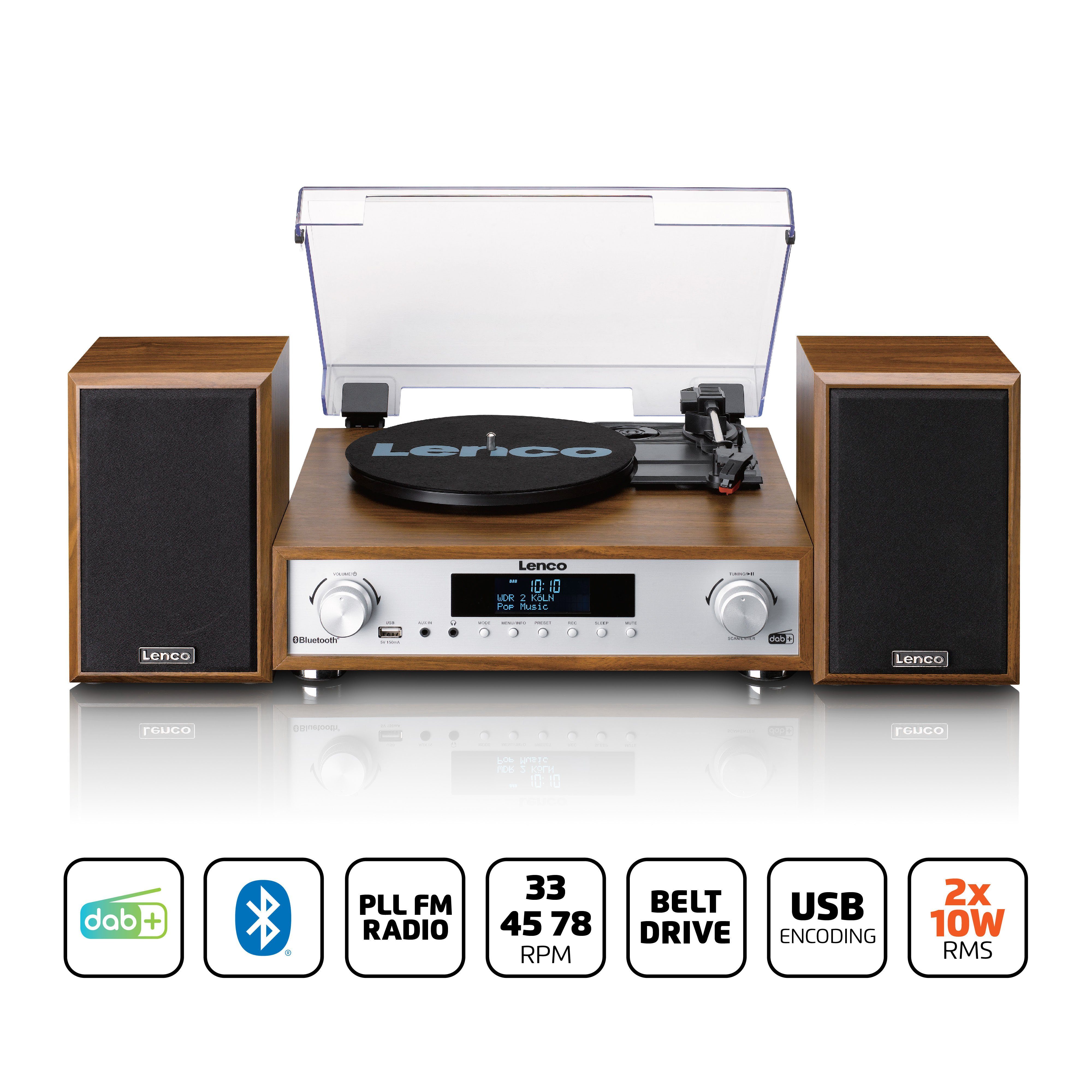 Lenco MC-160WD Digitalradio (DAB) (DAB,DAB+,FM, 20 W, HiFi-Sound mit Bluetooth 5.0, DAB+, MP3-Codierung & 2x10W Lautsprecher)