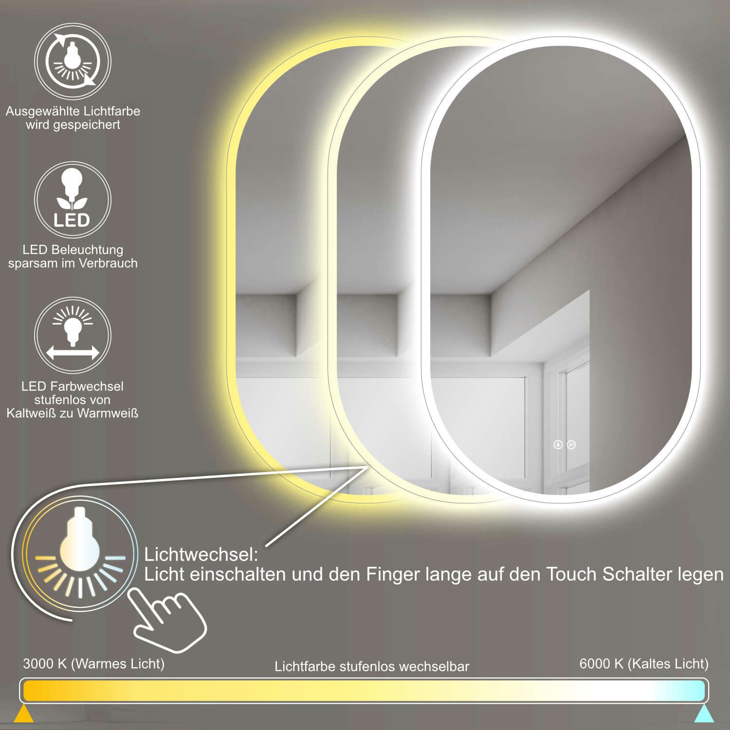 HOKO Badspiegel LED Design Antibeschlag Wandspiegel Oval + LED Wechsel (Warmweiß - Kaltweiß - Neutral. Licht mit Touch Schalter und mit Wandschalter einschaltbar. Memory-Funktion.IP44, 4mm HD Glass)