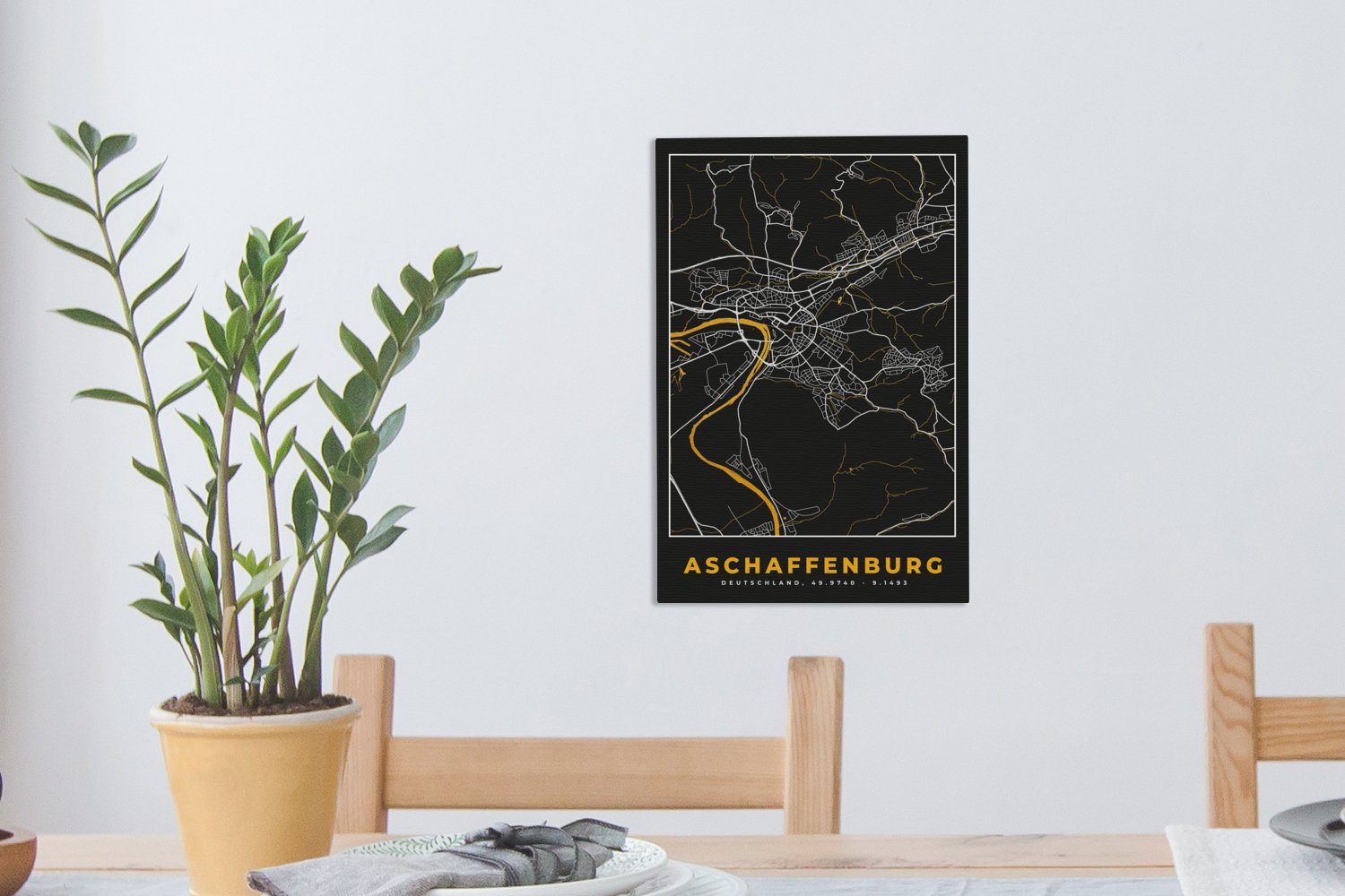 - Zackenaufhänger, bespannt Gemälde, cm Leinwandbild Deutschland - Karte OneMillionCanvasses® 20x30 fertig - Gold - Stadtplan inkl. Aschaffenburg, Leinwandbild St), (1