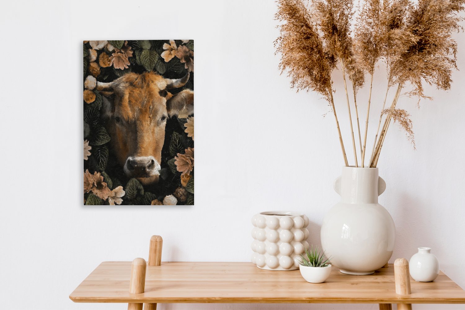 Kuh - bespannt (1 cm - Tiere inkl. Blumen 20x30 Leinwandbild Horn, OneMillionCanvasses® fertig Zackenaufhänger, Gemälde, - Leinwandbild St),