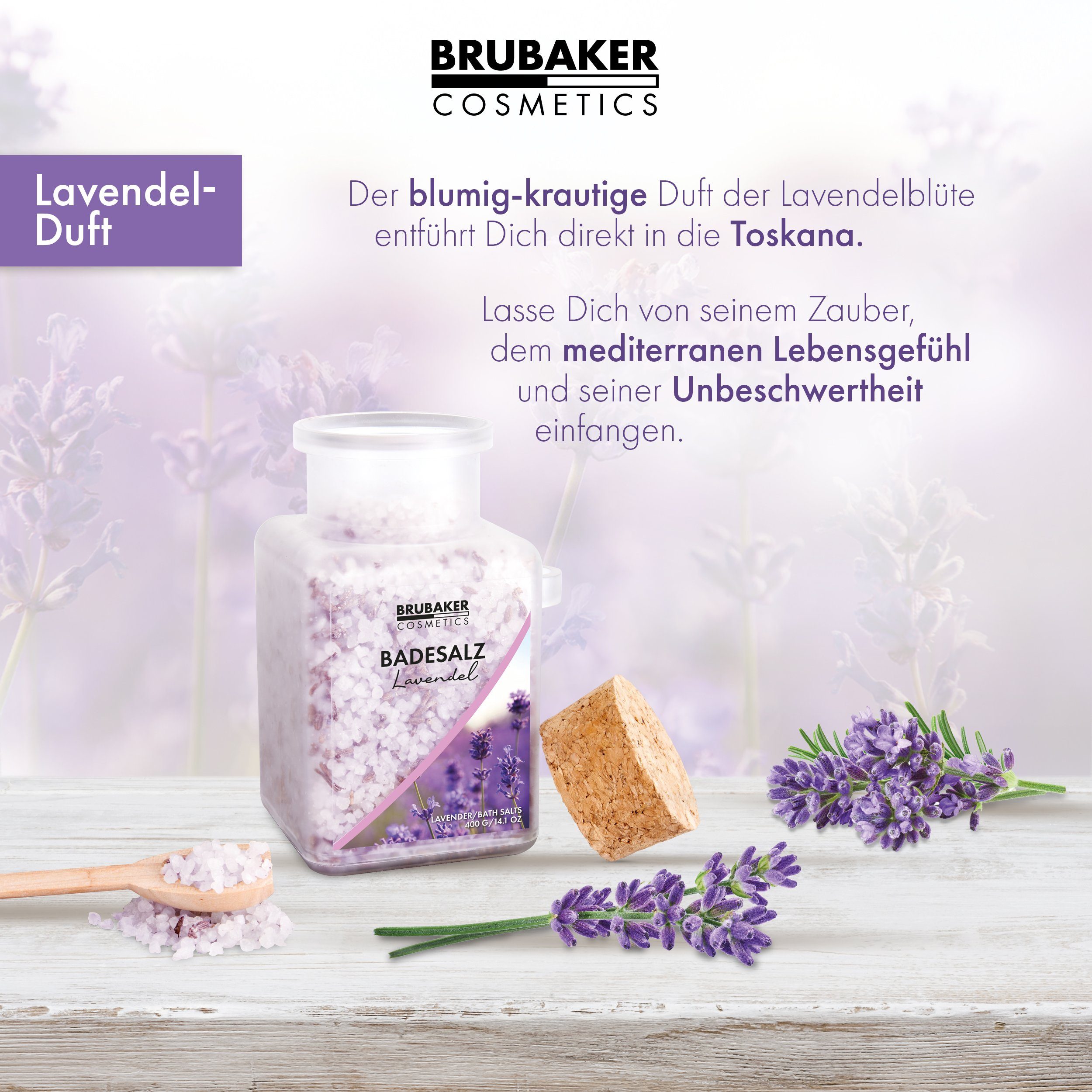 Lavendel 1-tlg., Duft Erholung Körperpflege für Badezusatz Entspannung, - Badesalz mit und natürlichen Baden BRUBAKER Extrakten, Wellness