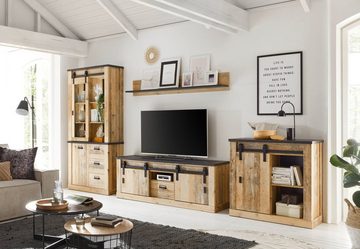 Furn.Design Wohnwand Stove, (Wohnzimmer 4-teilig in Used Wood, Breite 390 cm), mit Schiebetüren, Soft-Close