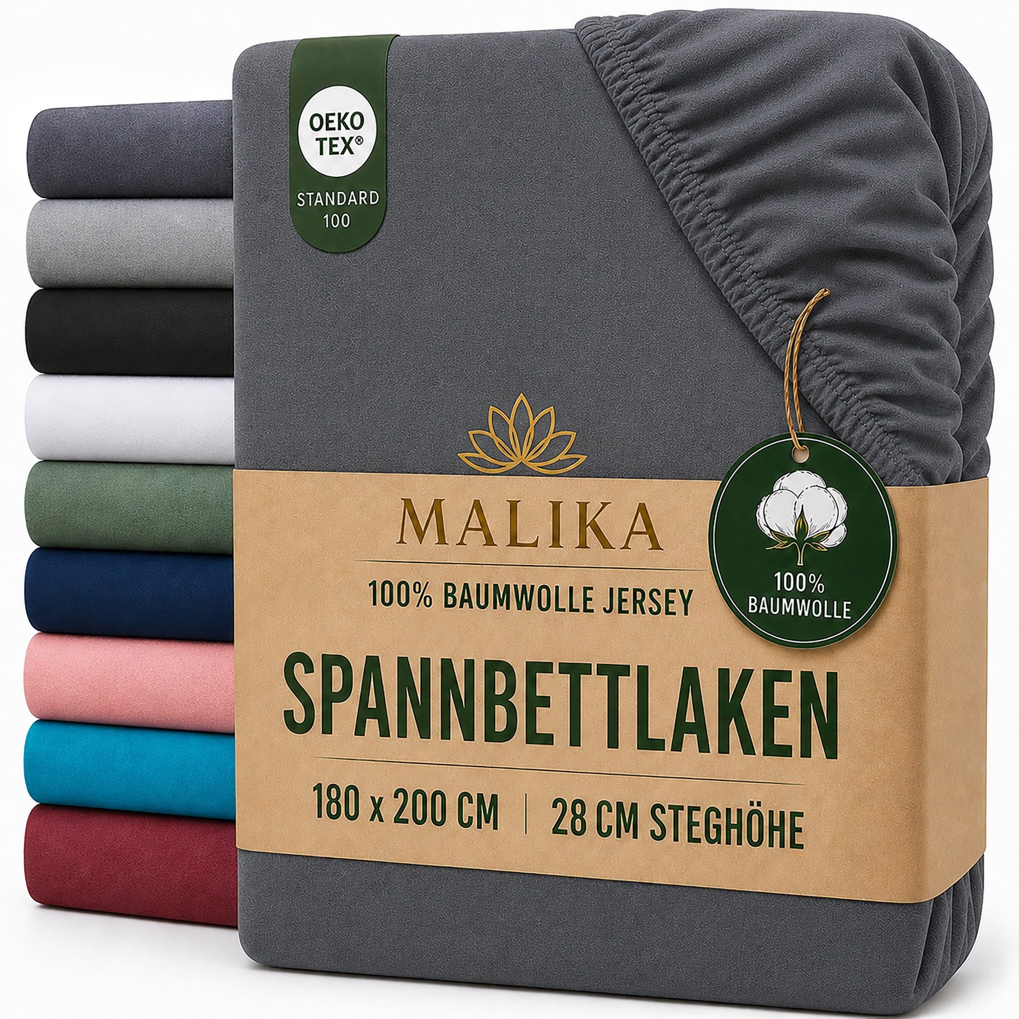 Malika Spannbettlaken aus 100% Baumwolle, 90-100x200, Anthrazit, Jersey Baumwolle, Gummizug: Ja, (1 Stück), Allergikergeeignet, Pflegeleicht und Atmungsaktiv