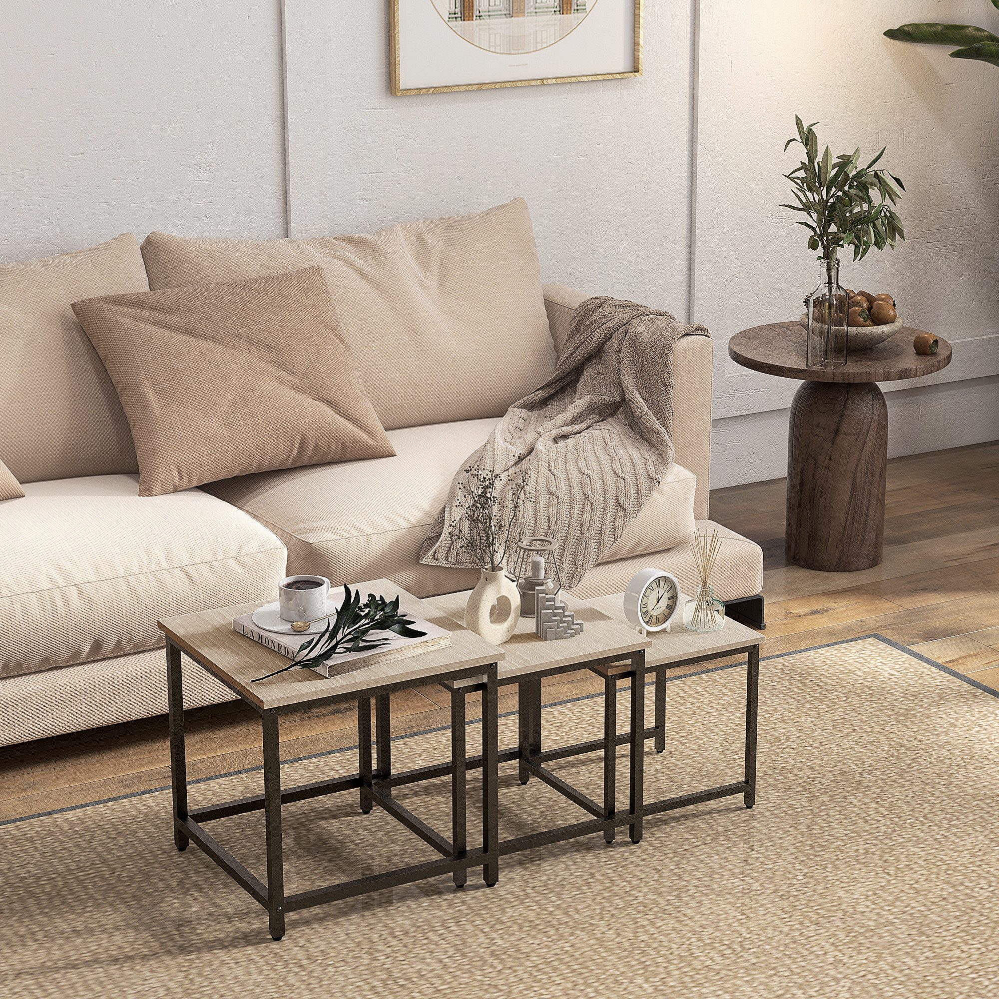 HOMCOM Couchtisch Quadratischer Satztisch im Industriedesign mit Holzoptik (Sofatisch, 3-St., Beistelltisch), Naturholz Spanplatte, Stahl