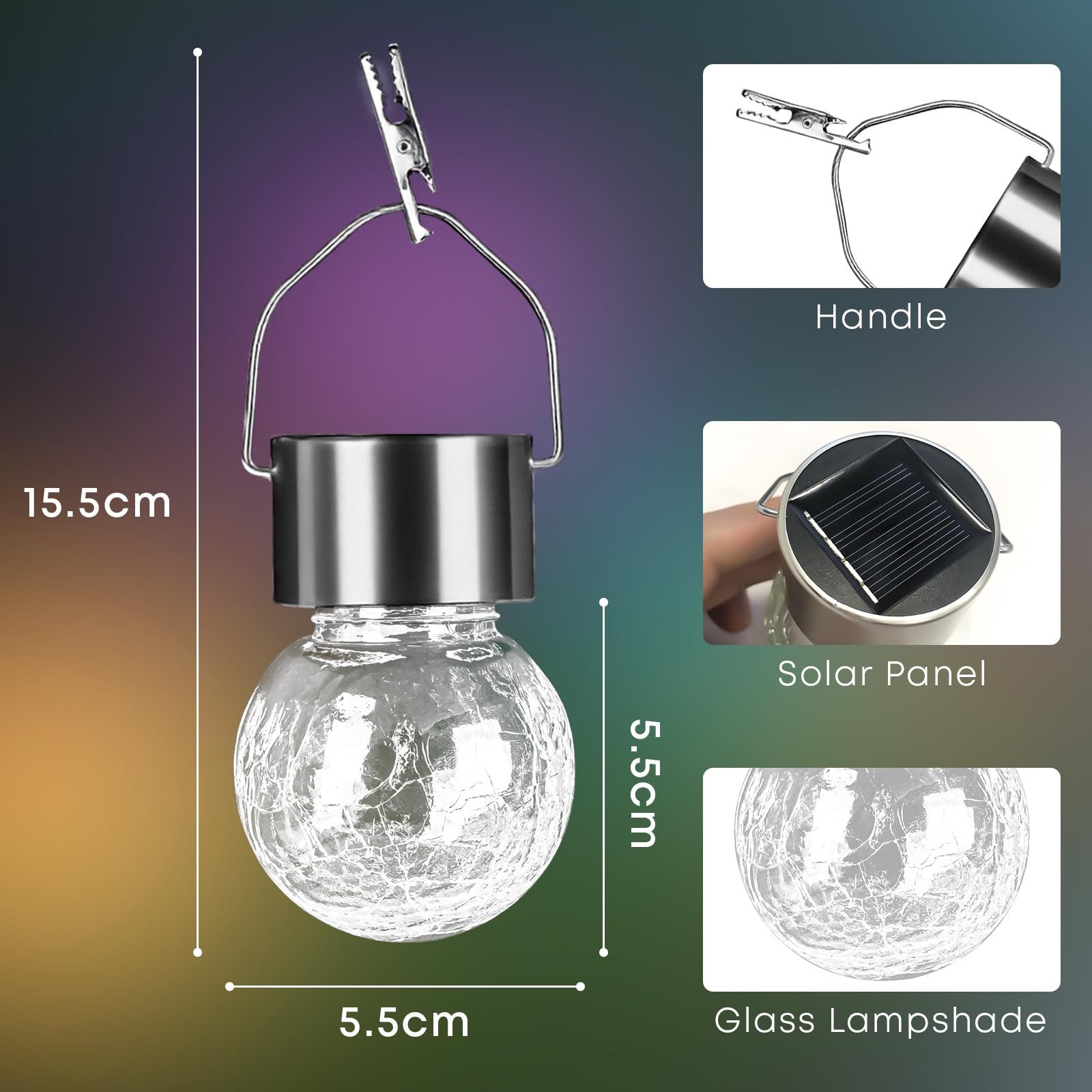 LQWELL LED Solarleuchte LED Solar Hängeleuchte Außen Solar Gartenleuchte hängend, LED fest integriert, Warmweiß Crackle Glaskugel LaterneLicht Aufhängen oder hinstellen, für Party, Garten, Zaun, Baum, Foto Deko