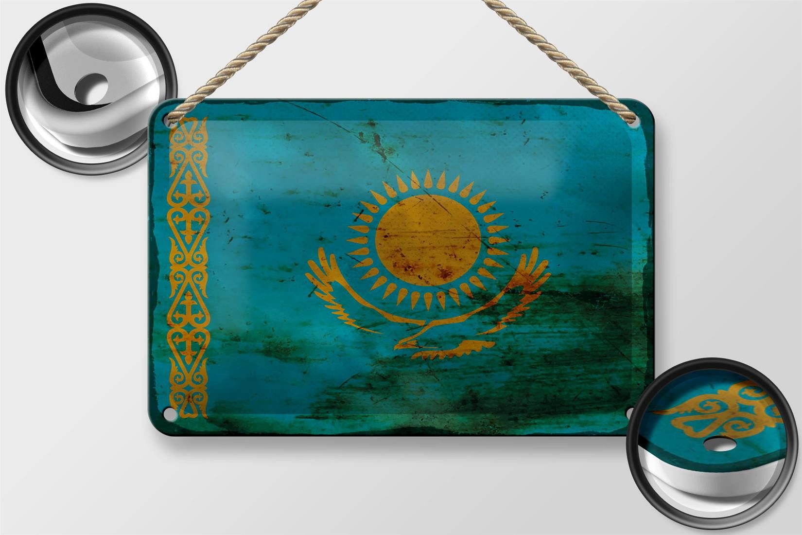 Femer GmbH Metallschild Flagge Kasachstan 18x12cm Kazakhstan Rost, (1 St), gewölbte Oberfläche, abgerundete Ecken, umgeschlagene Kanten