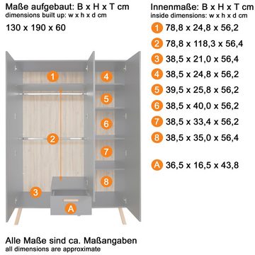 Lomadox Kleiderschrank MANISA-19 Kinderzimmer in Weiß mit Absetzungen in Buche massiv, 130/190/60 cm