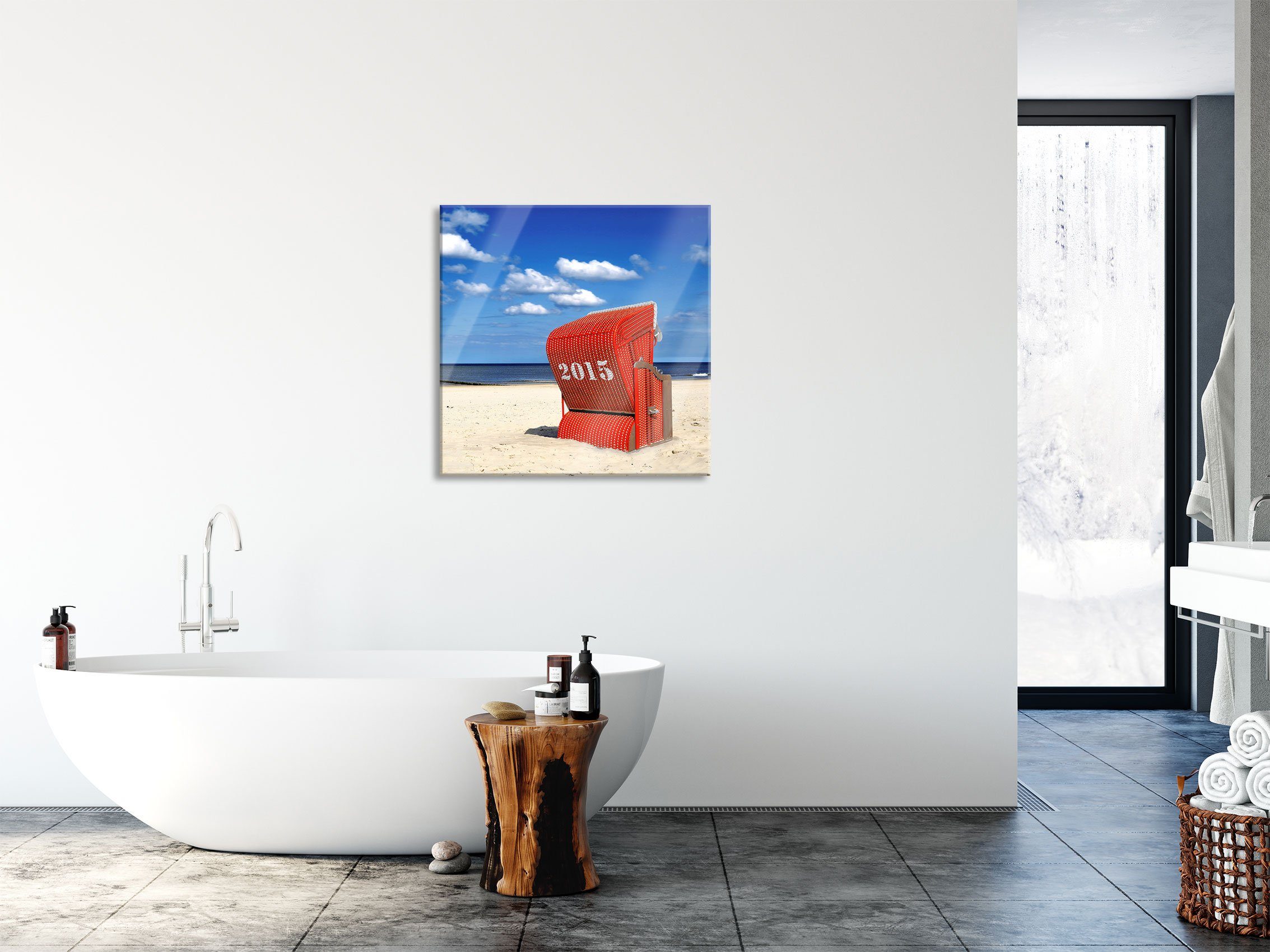 aus Strandkorb und der St), an Aufhängungen Abstandshalter Strandkorb an Nordsee, inkl. Echtglas, Glasbild Pixxprint Glasbild der Nordsee (1