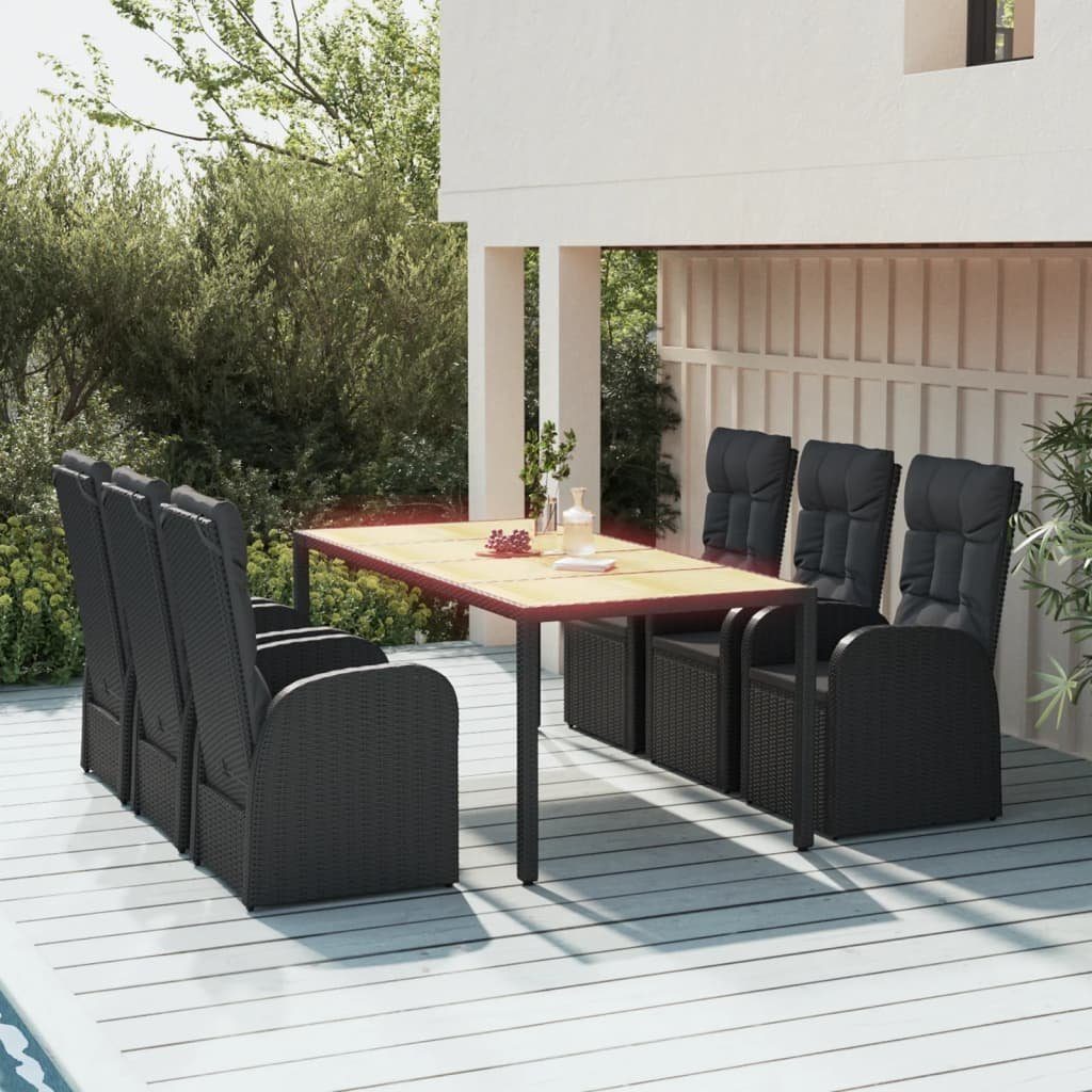vidaXL Garten-Essgruppe 7-tlg. Garten-Essgruppe mit Kissen Schwarz Poly Rattan, (1-tlg)