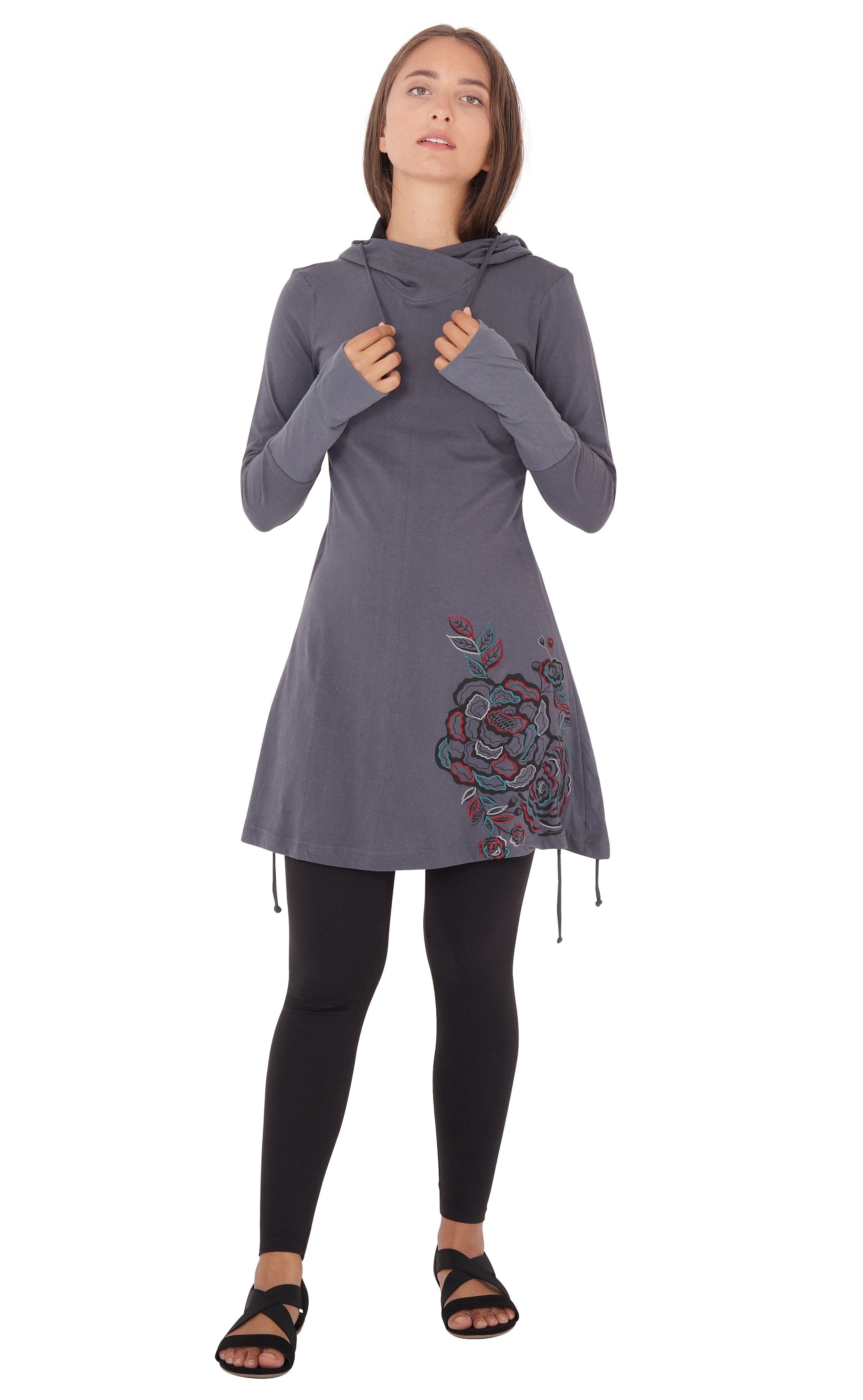 PUREWONDER A-Linien-Kleid Kapuzenkleid mit Blumen-Print Grau dr132 Jersey