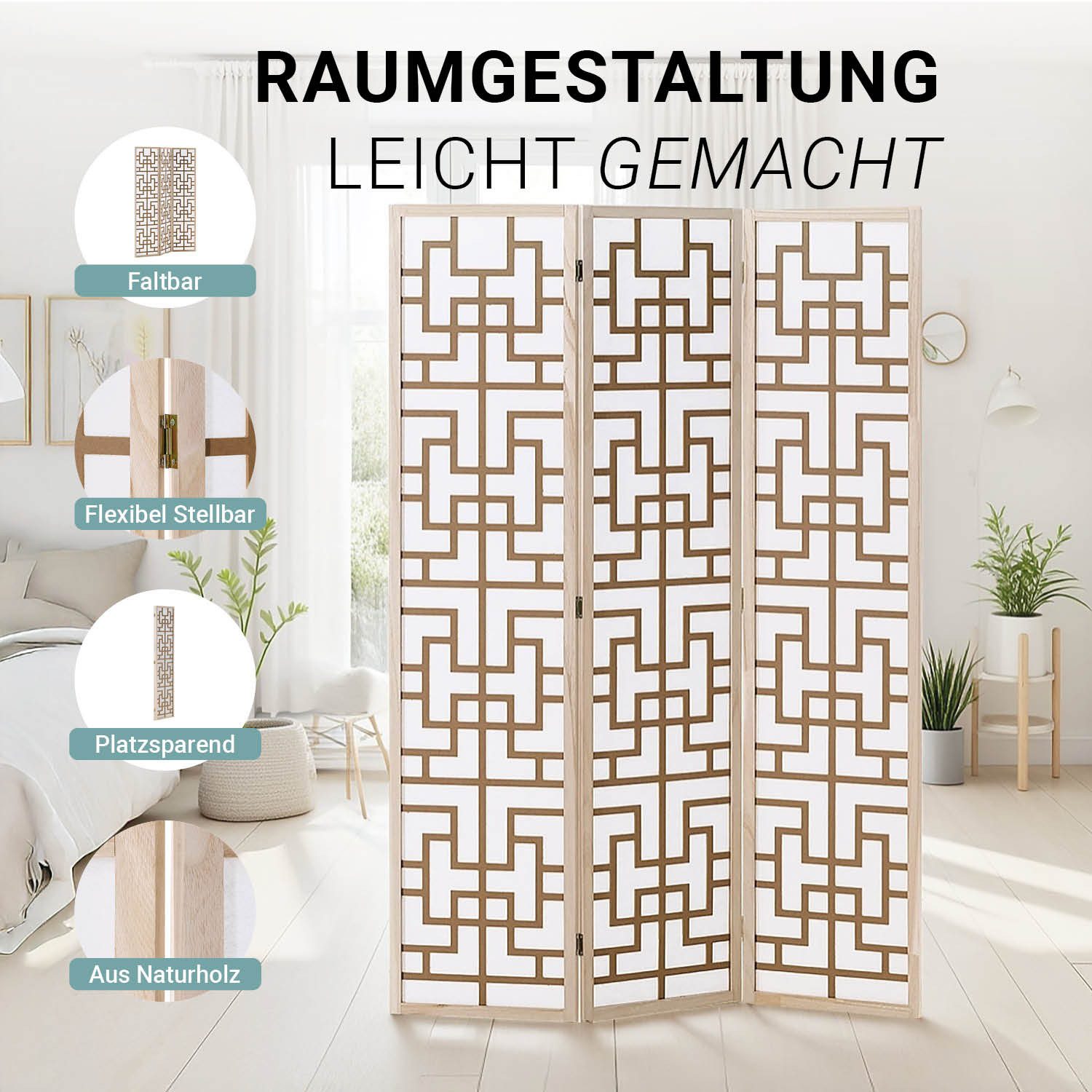 Homestyle4u Paravent Raumteiler Holz Shoji Trennwand Natur Sichtschutz Indoor faltbar (3-teilig), Braun, faltbar
