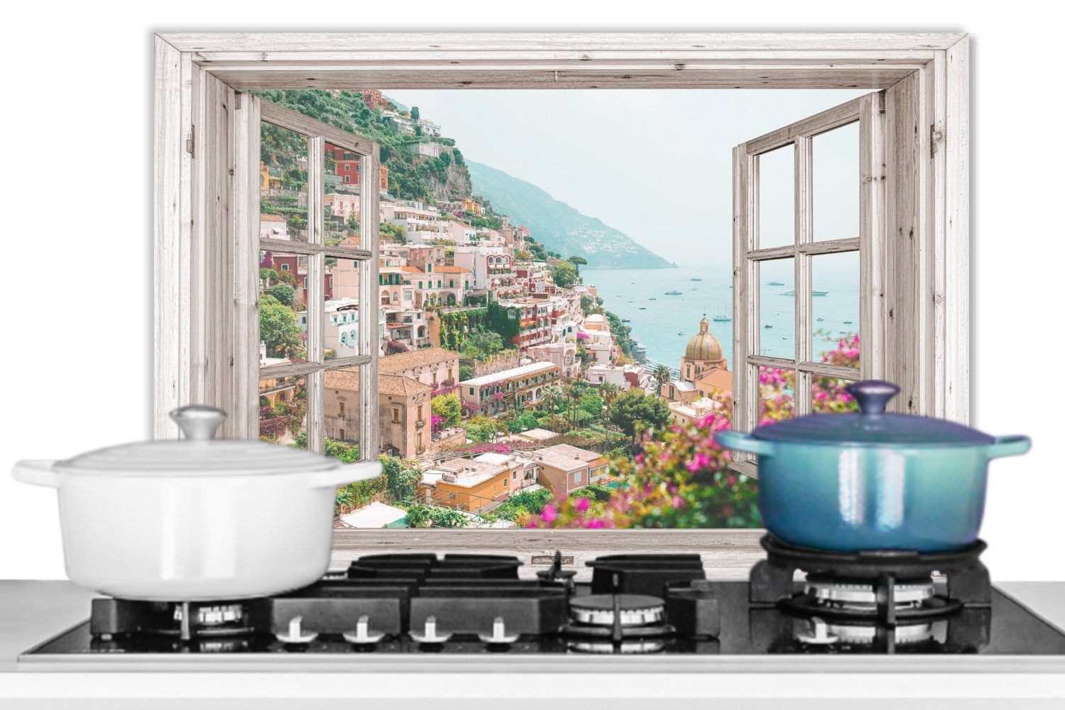 Küste 60x40 aus - Italien - Blumen MuchoWow - Berge, Küchenrückwand - küchen Ausblick - (1-tlg), Herdblende - Wandschutz, cm, Meer Temperaturbeständig Stadt