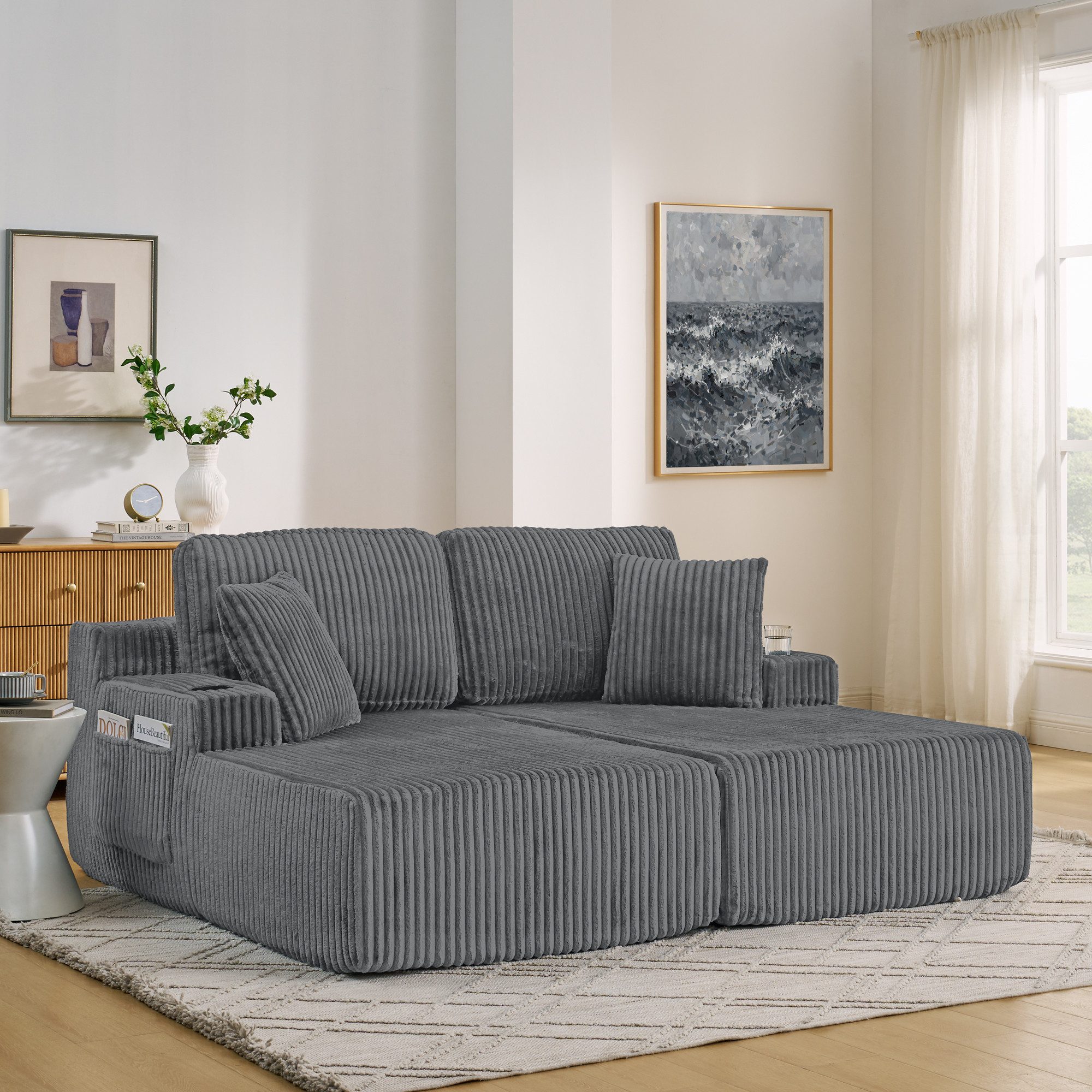 Odikalo Schlafsofa 2-Sitzer Schlafcouch Loungesofa, Kordstoff, mit seitlicher Magazintasche, Getränkehalter und Kissen, geeignet für Wohnzimmer, Spielzimmer, Arbeitszimmer, Gästezimmer und Wohnung