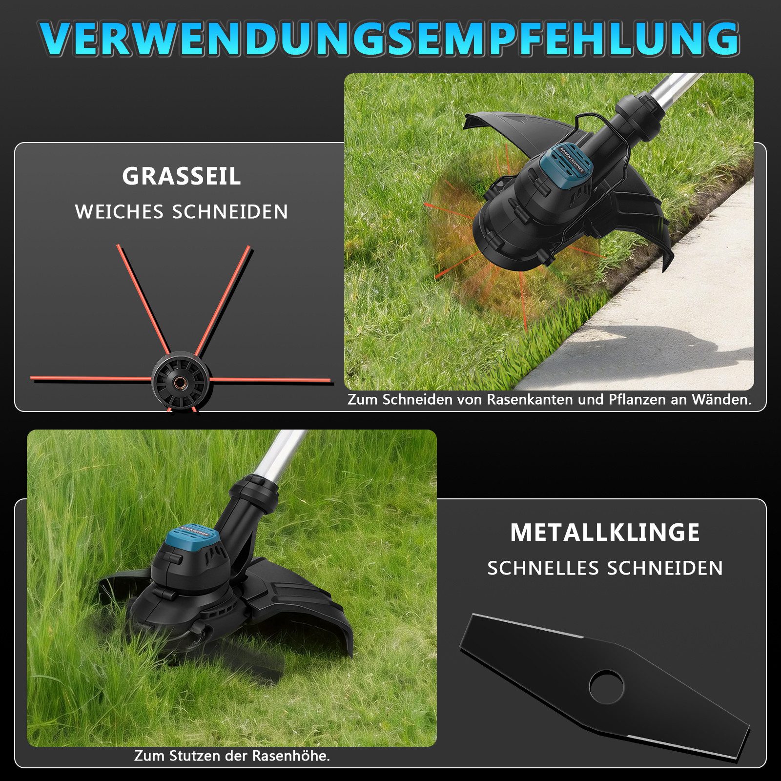 XERSEK Akku-Rasentrimmer Elektro-Grastrimmer mit Bürstenloser Motor, 14800U/min 980W Motorsense, 30 cm Arbeitsbreite Messer
