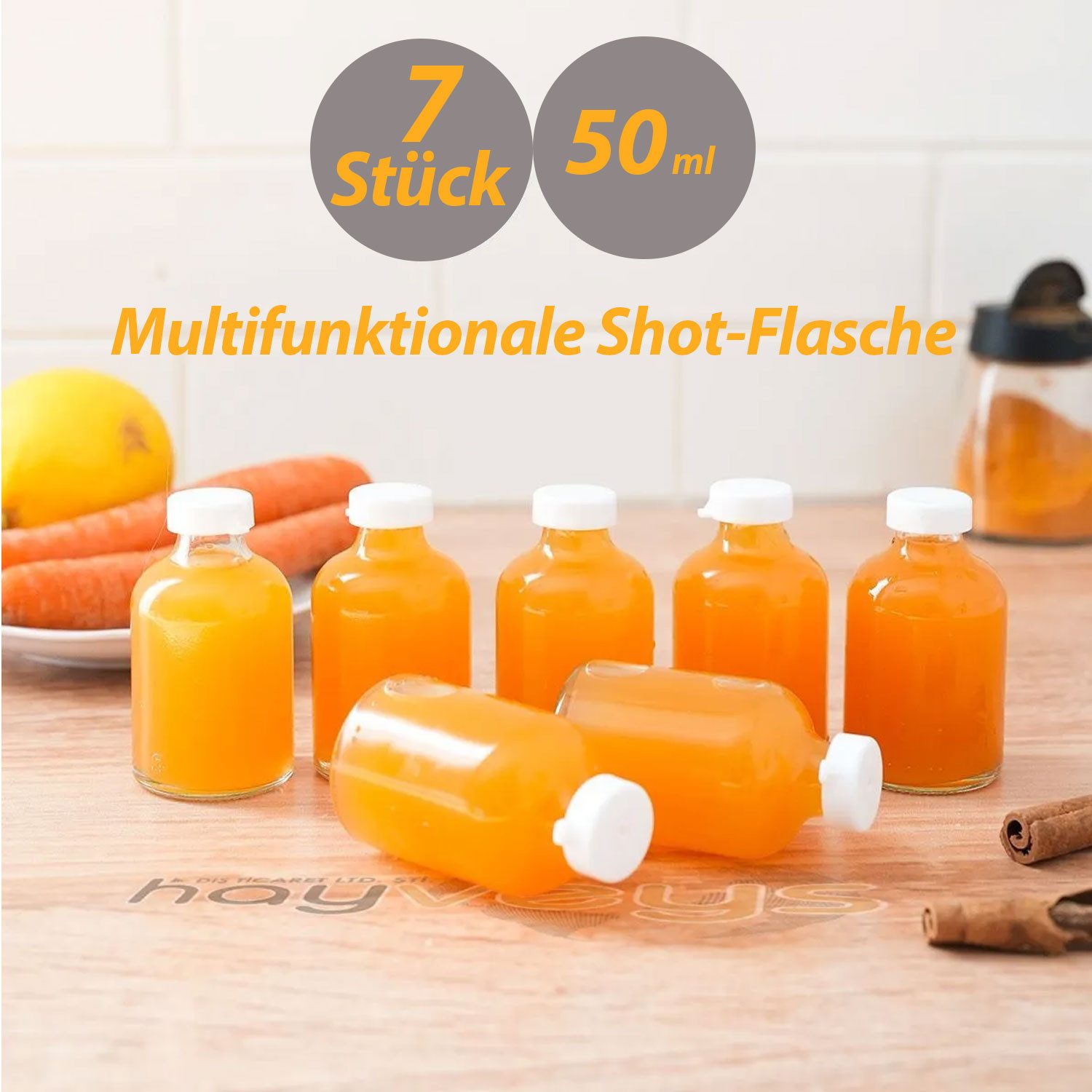 Jungengel Frischhaltedose 7'er Set Mini Vorratsfläschchen Shot-Flaschen Fläschchen Glas, Glas/Kunststoff, (7-tlg., 7-Teiliges Mini Fläschchen Set für Reisen), 50ml Fassungsvolumen, Wiederverwendbar, Kompakte Größe, Tragegröße