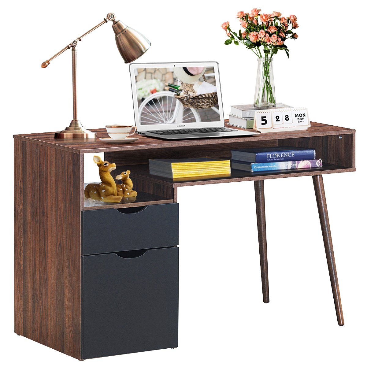 COSTWAY Schreibtisch, mit Schublade, offenem Fach & Schrank, 120x55x78cm