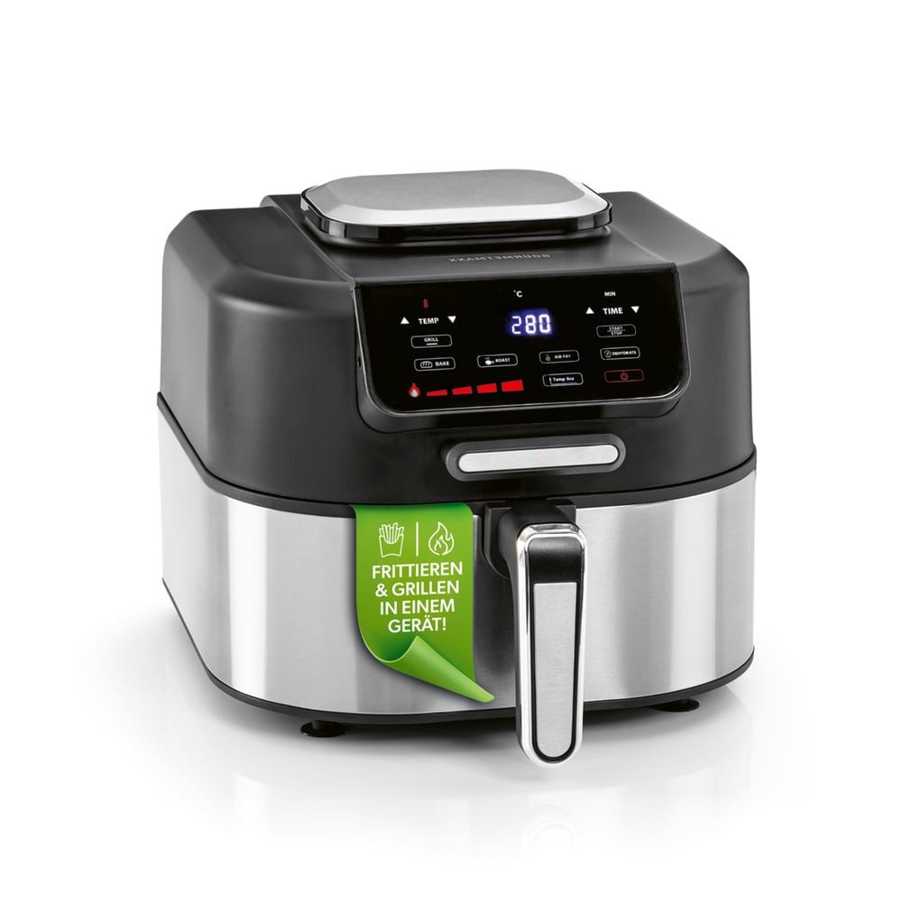 GOURMETmaxx Heißluftfritteuse Heißluftfritteuse FryBBQ, 5 l - 2 in 1: Heißluftfritteuse und Grill - mit 5 Modi, 2000 W, 7-Zoll-LED Displays, 5 Funktionen, 2000 W, 360°-Heißluftzirkulation