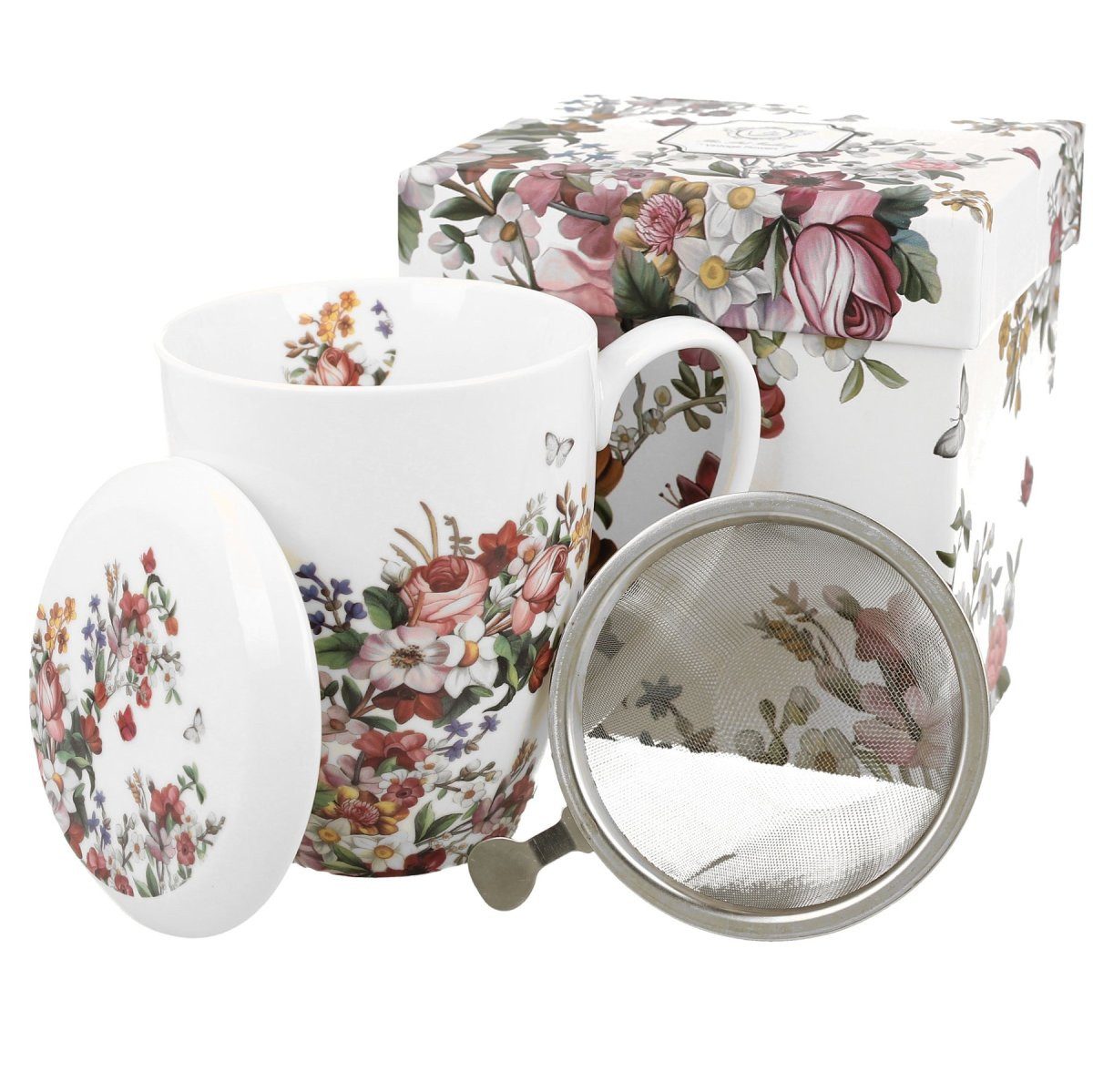 Duo-Gift Tasse Duo Tasse Vintage Flowers weiß mit Teesieb 320 ml, Duo Tasse Vintage Flowers weiß mit Teesieb 320 ml