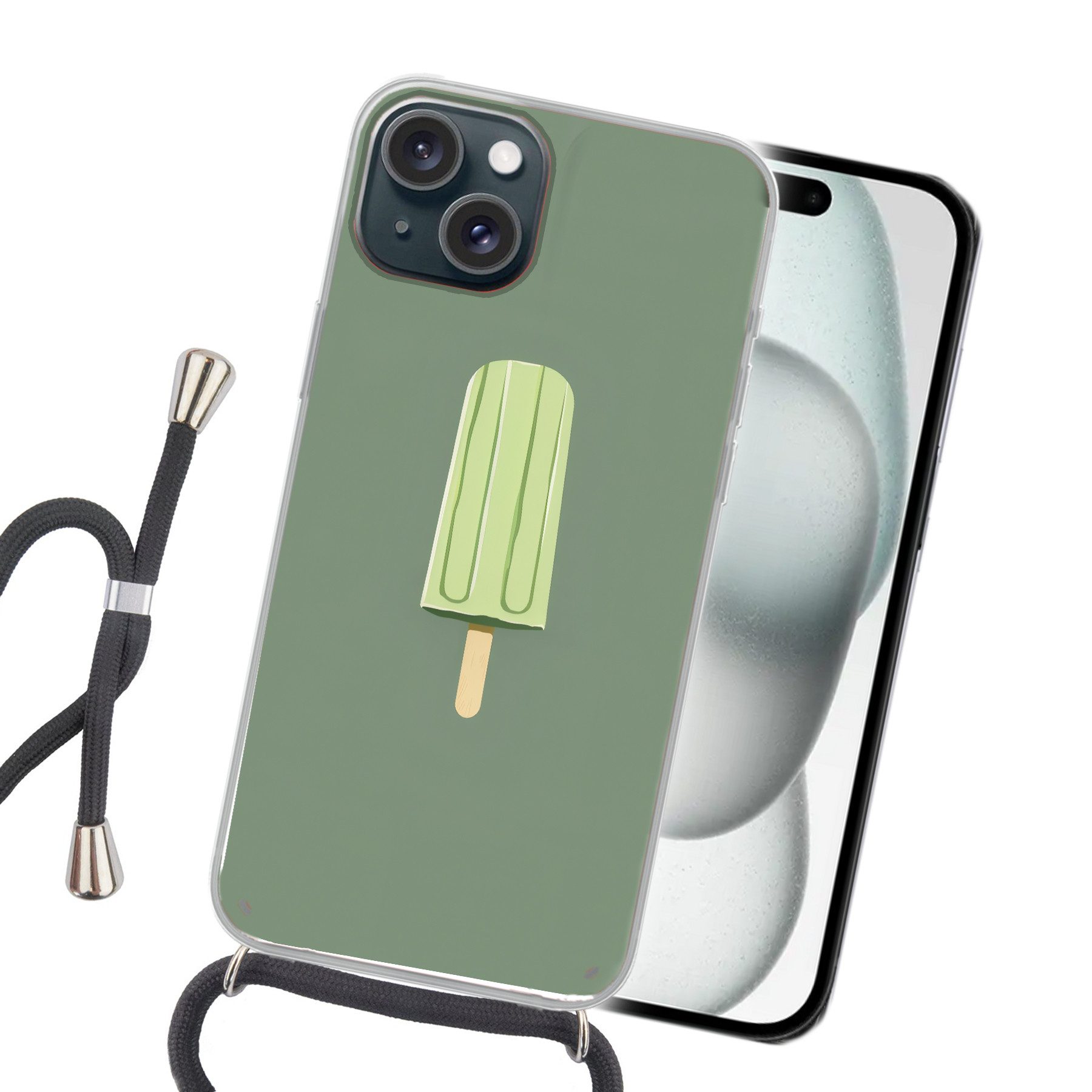 MuchoWow Handyhülle für Apple iPhone 15 Plus Grün - Wassereis - Stock - Illustration, Tragbare Handyhüllen mit Kette zum umhängen, Handykette Handyband