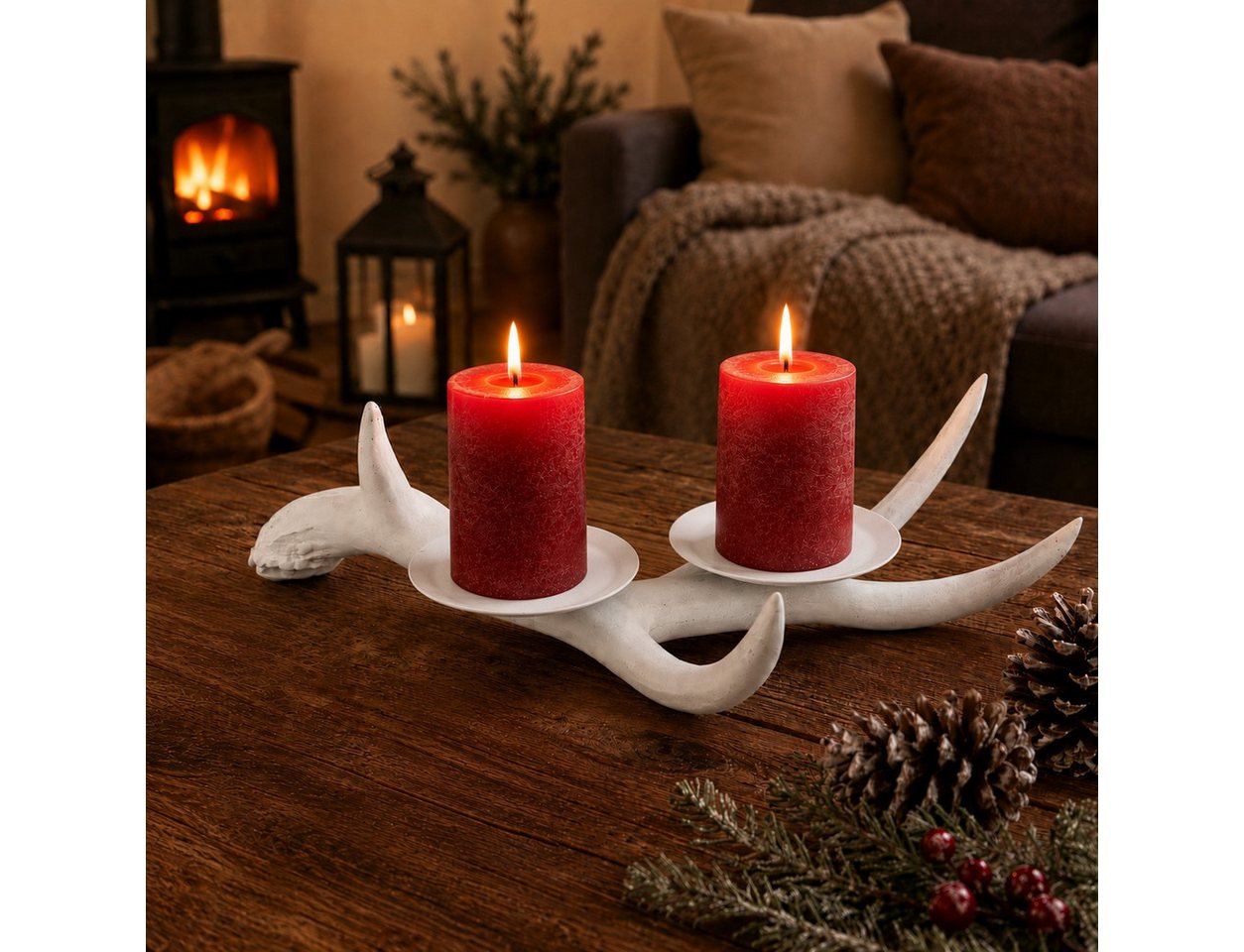 Online-Fuchs Kerzenständer Hirschgeweih, Halter für 2 Stumpenkerzen - Deko Herbst & Weihnachten (Weiß oder Gold zur Wahl, 31 cm groß), verbindet stilvolle Eleganz mit rustikalen Charme