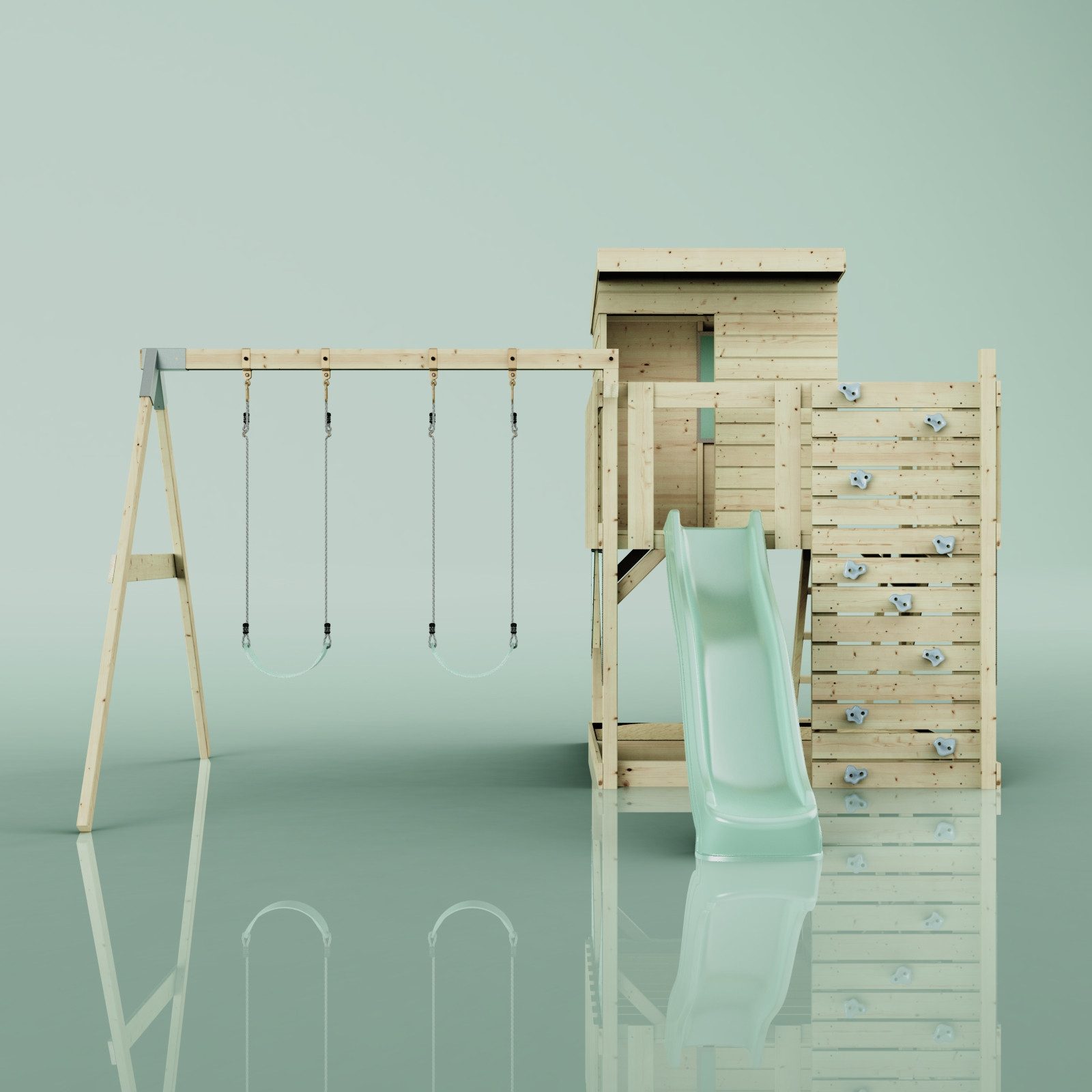 OutdoorToys Spielturm Björn, aus Holz in Mintgrün mit Kinderschaukel & Rutsche, Kletterwand