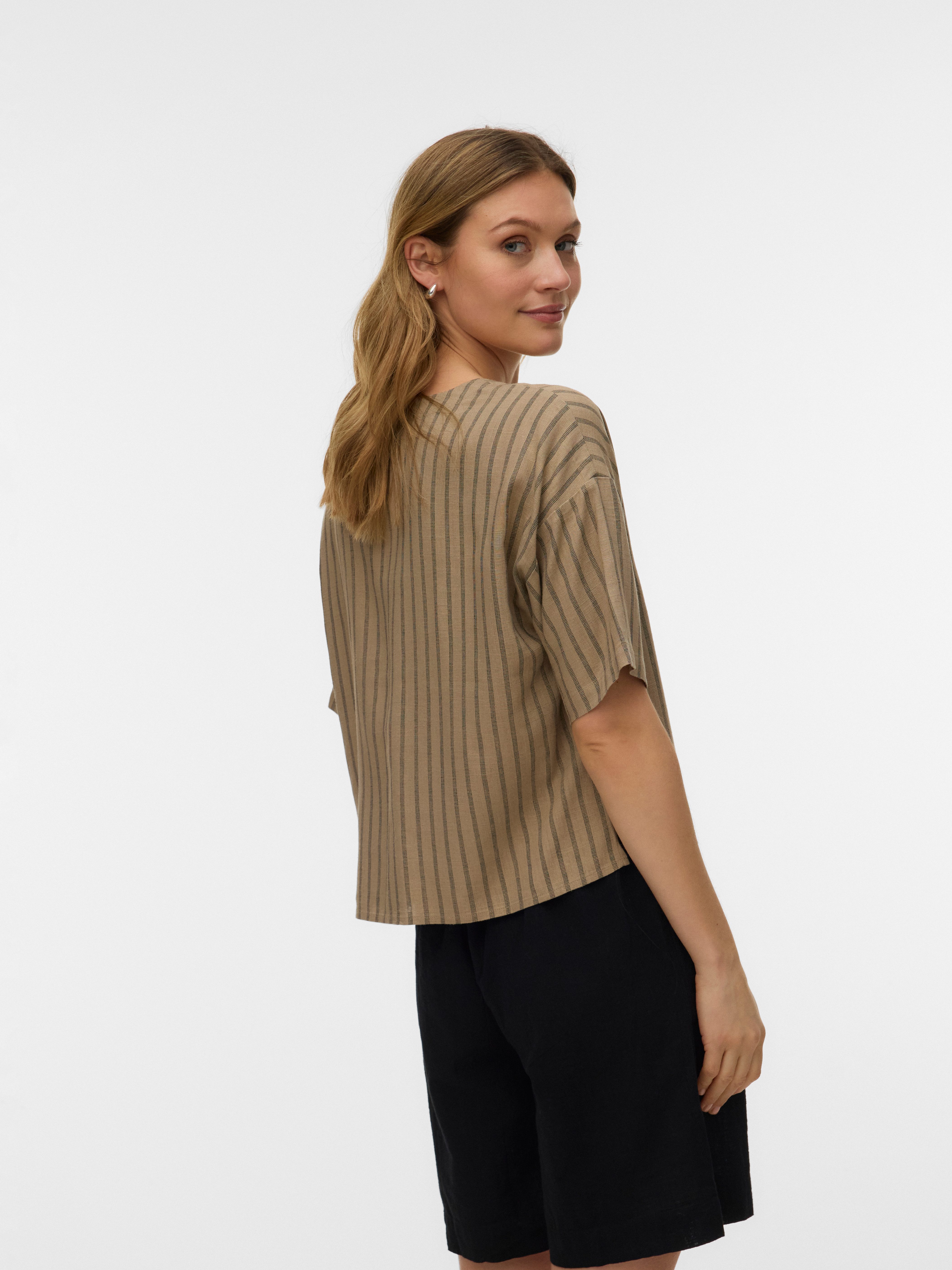 Vero Moda Kurzarmbluse VMROSIE 2/4 V-NECK SHIRT NOOS Viskosemischung. mit Leinen, Kurzarm