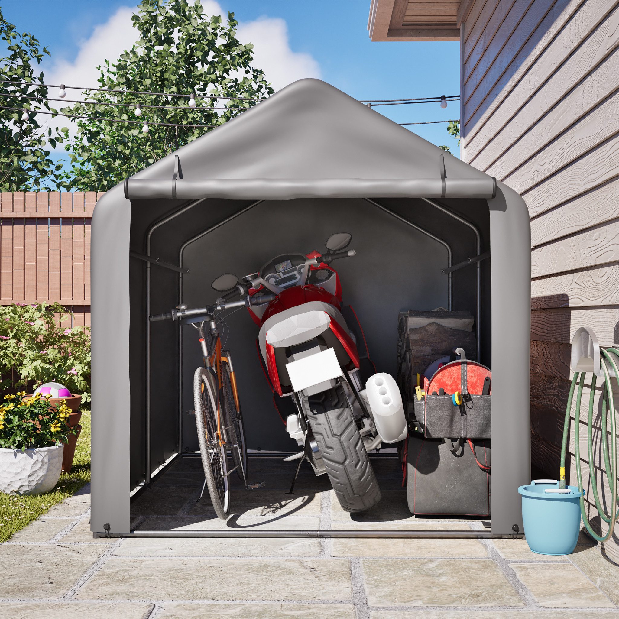 Blossom Garage Allwetter-Zeltgarage wasserdichten Garagenzelt Fahrradgarage aus Stahl (160x220x165 cm), Geräteschuppen mit Rolltor für Motorrad Gartenmöbel Werkzeug