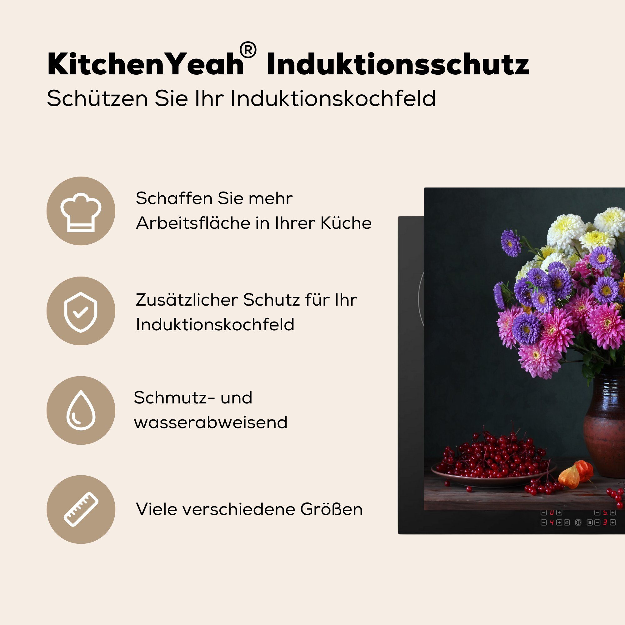 - Stilleben, küche, Herdblende-/Abdeckplatte die Induktionsmatte (1 Ceranfeldabdeckung Chrysanthemen Vinyl, - tlg), cm, für Farben 59x52 MuchoWow