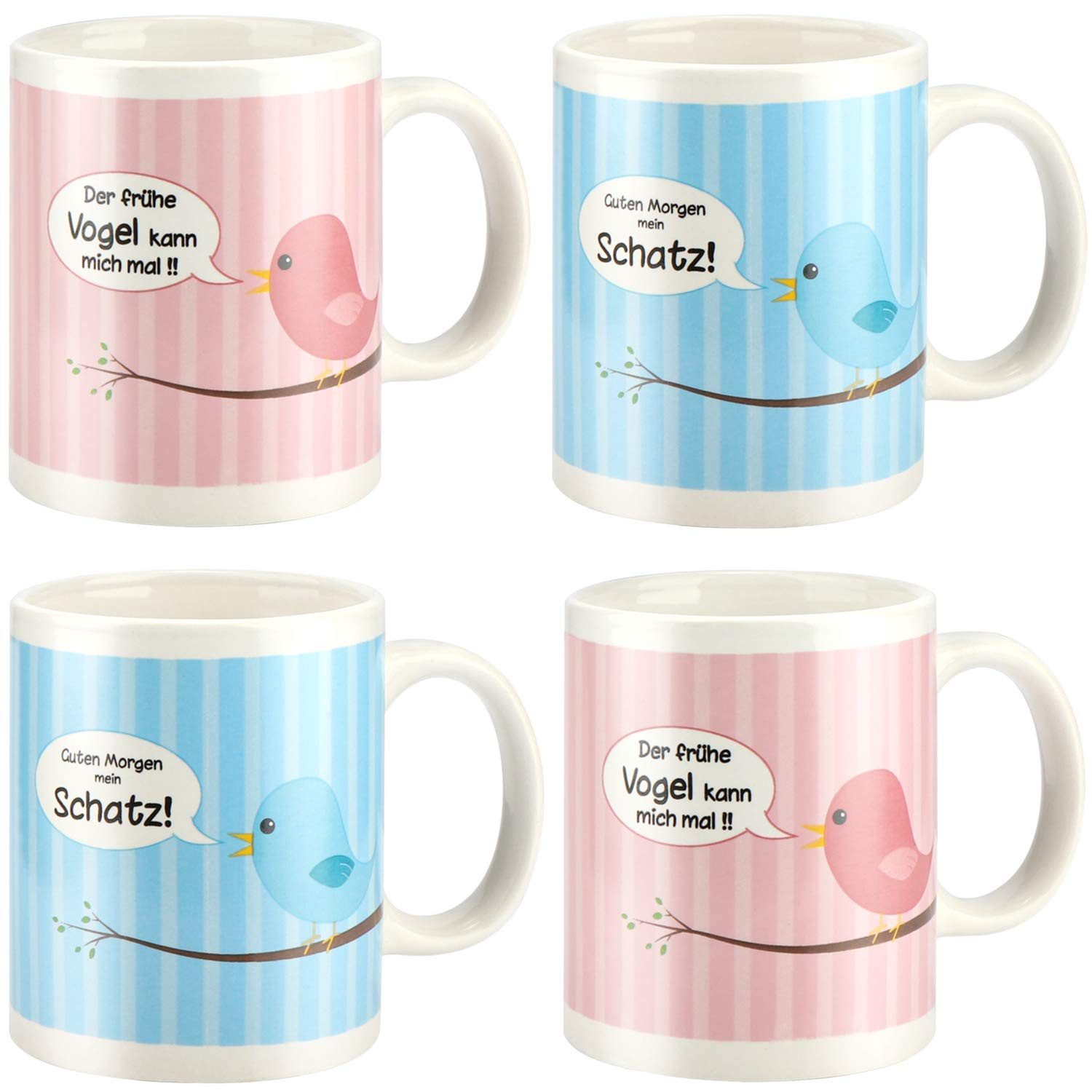 com-four Becher Kaffeebecher aus Porzellan, 4-tlg., Kaffee-Tasse mit Vogel-Motiv 300ml von com-four