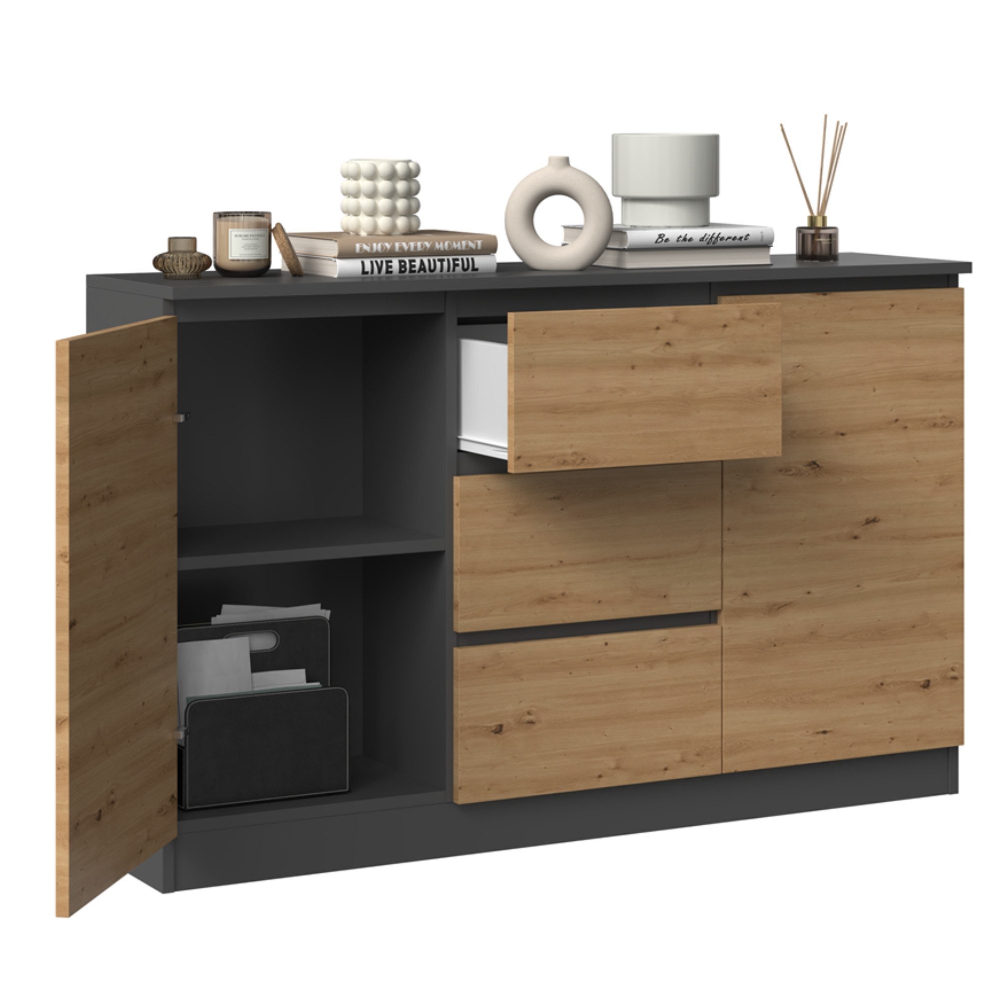 Home Collective Kommode Highboard Sideboard für Flur Schlafzimmer Wohnzimmer (Perfekt für Wohnzimmer, Schlafzimmer oder Esszimmer), mit 3 Schubladen und 2 Türen – Bild 3 von 5
