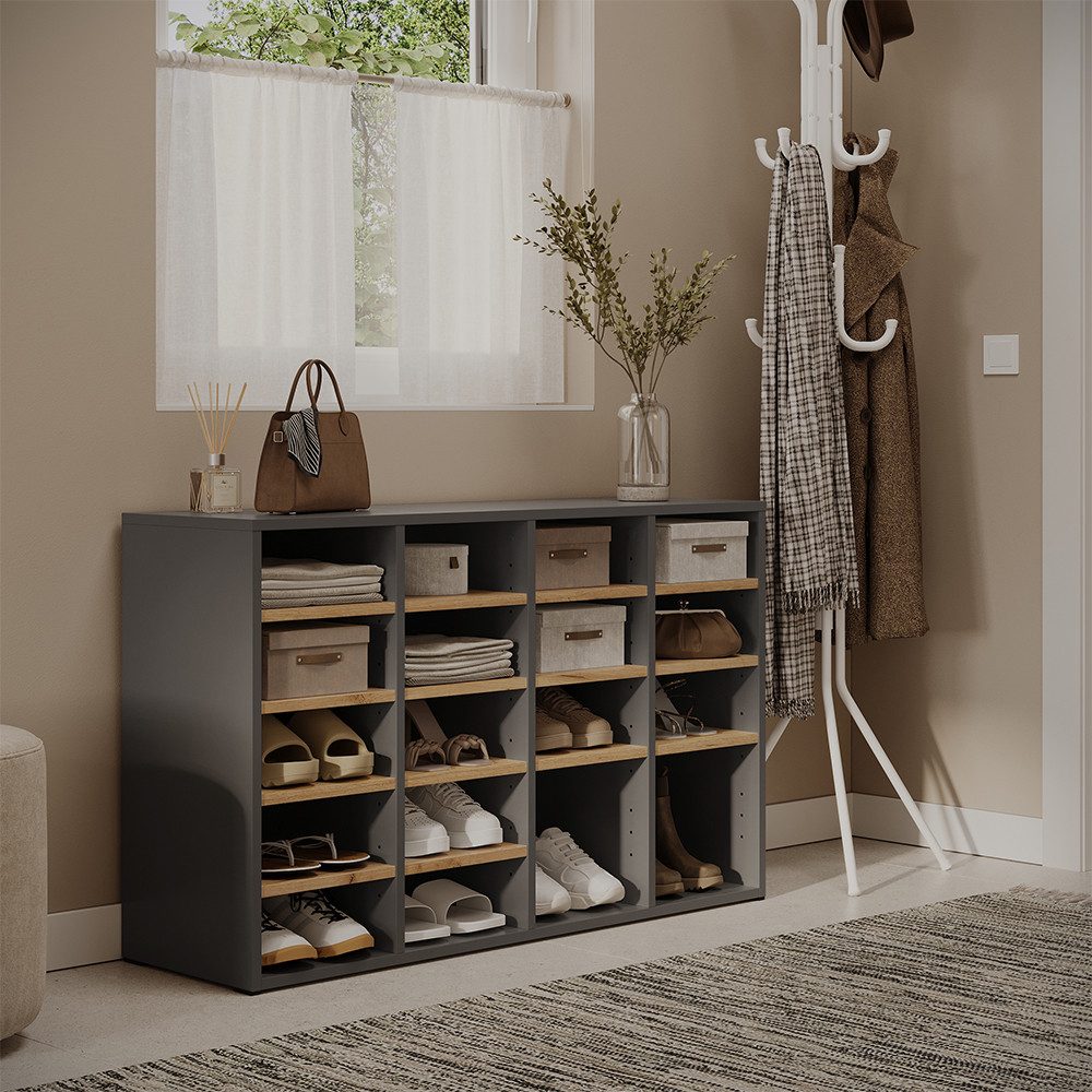Vicco Schuhregal Lysander, Anthrazit/Goldkraft Eiche, 104.2 x 65.5 cm mit 18 offenen..., 1-tlg.